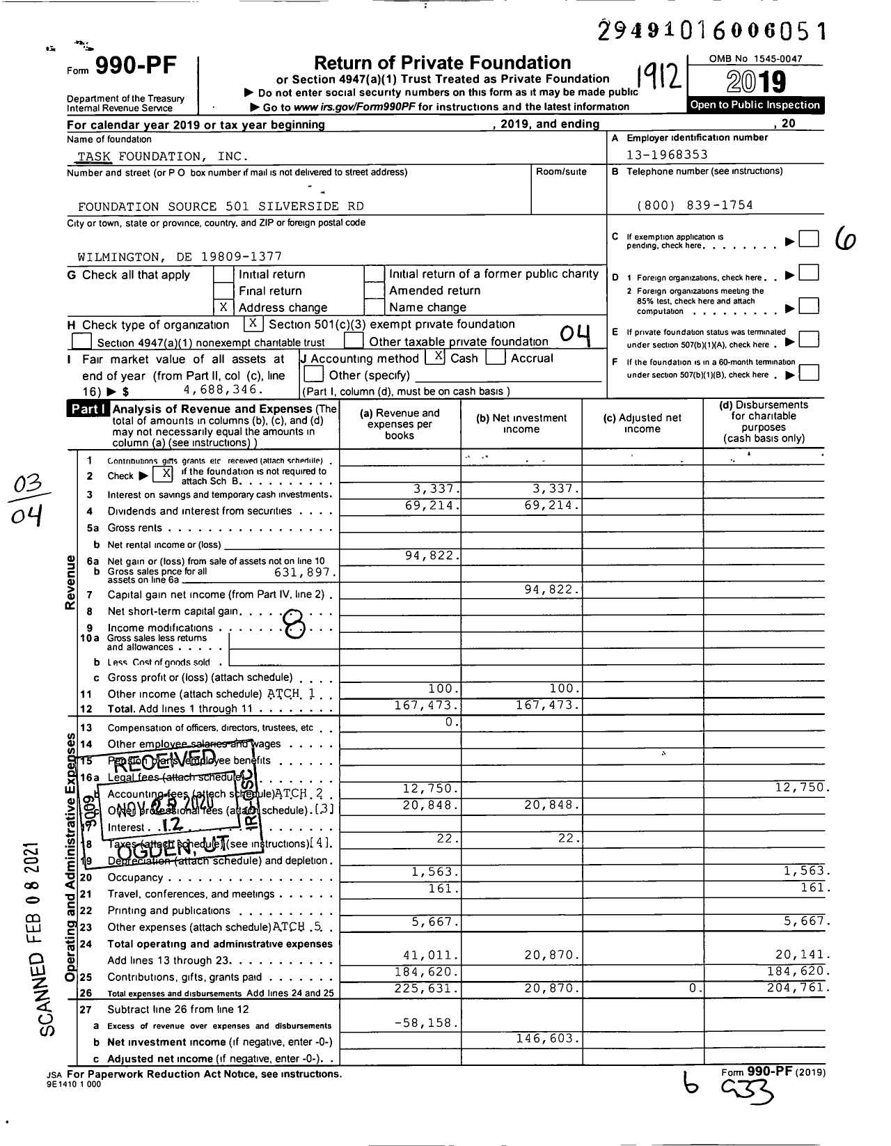 Image of first page of 2019 Form 990PF for TASK Foundation