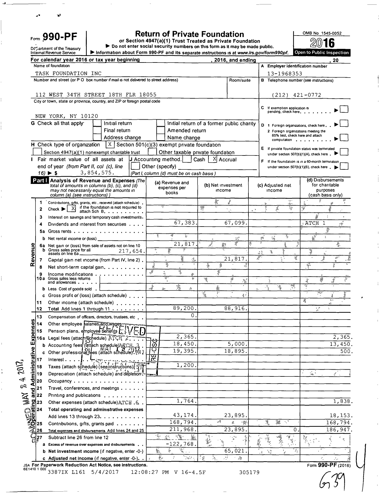 Image of first page of 2016 Form 990PF for TASK Foundation