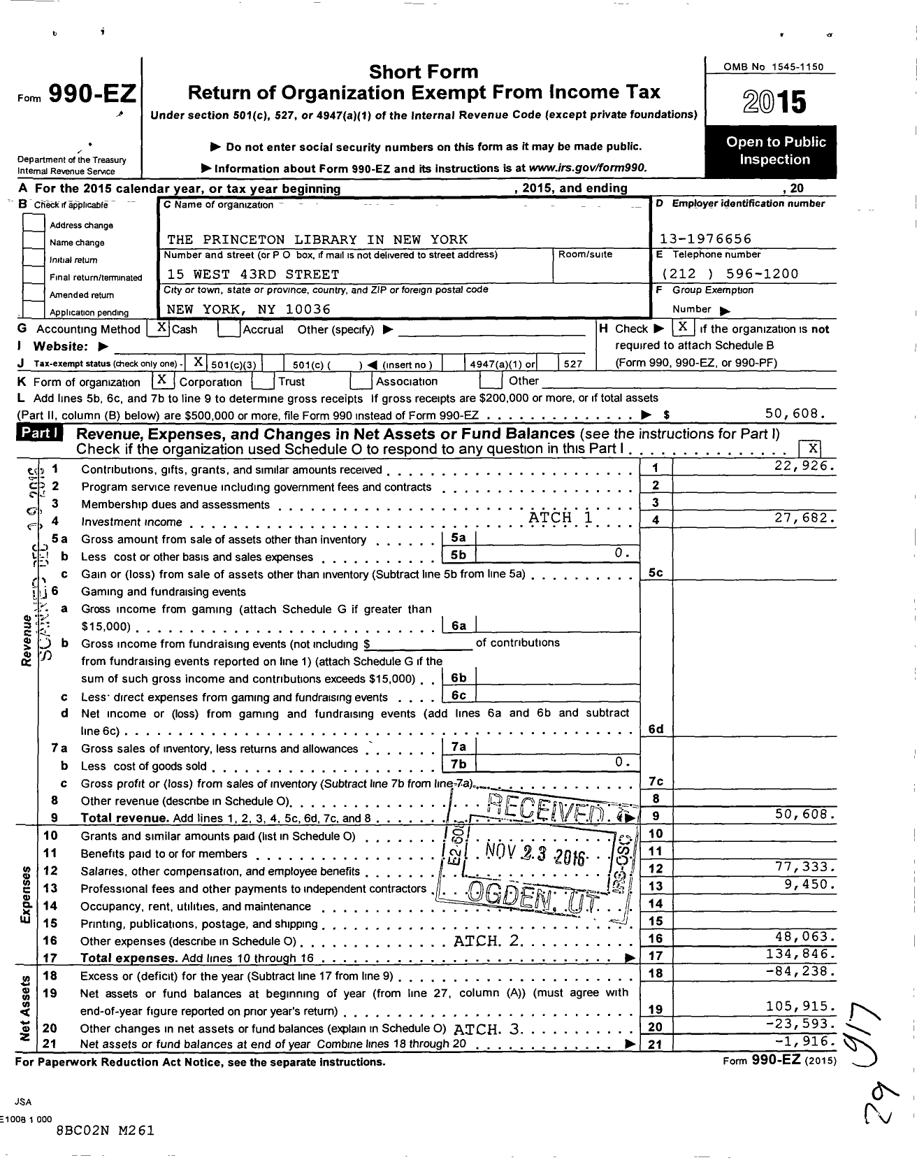 Image of first page of 2015 Form 990EZ for Princeton Library in New York