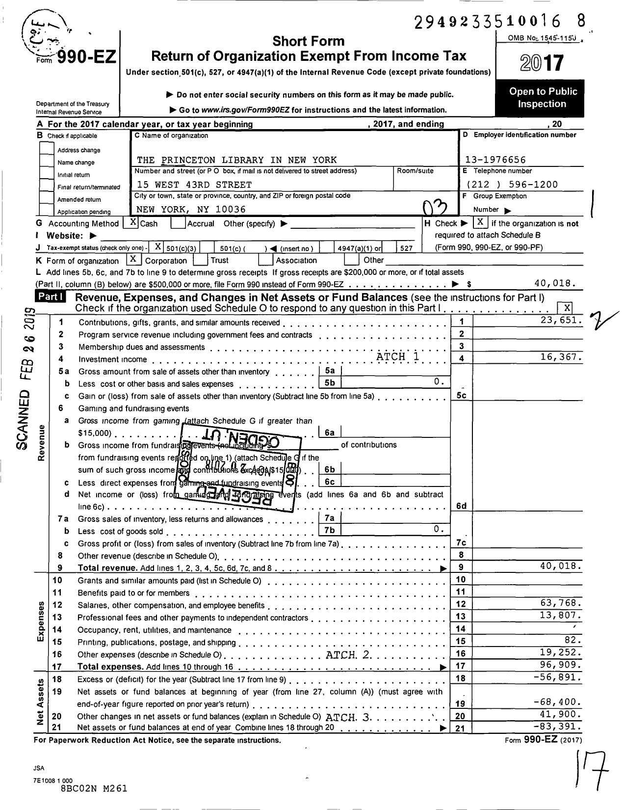 Image of first page of 2017 Form 990EZ for Princeton Library in New York