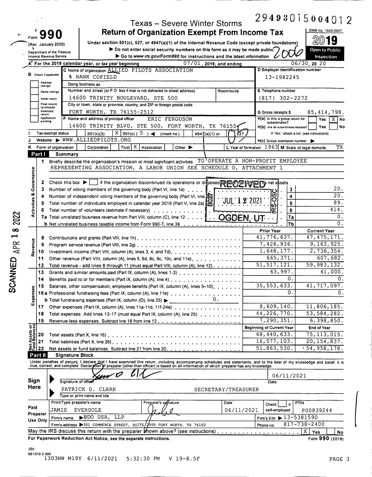 Image of first page of 2019 Form 990O for Allied Pilots Association