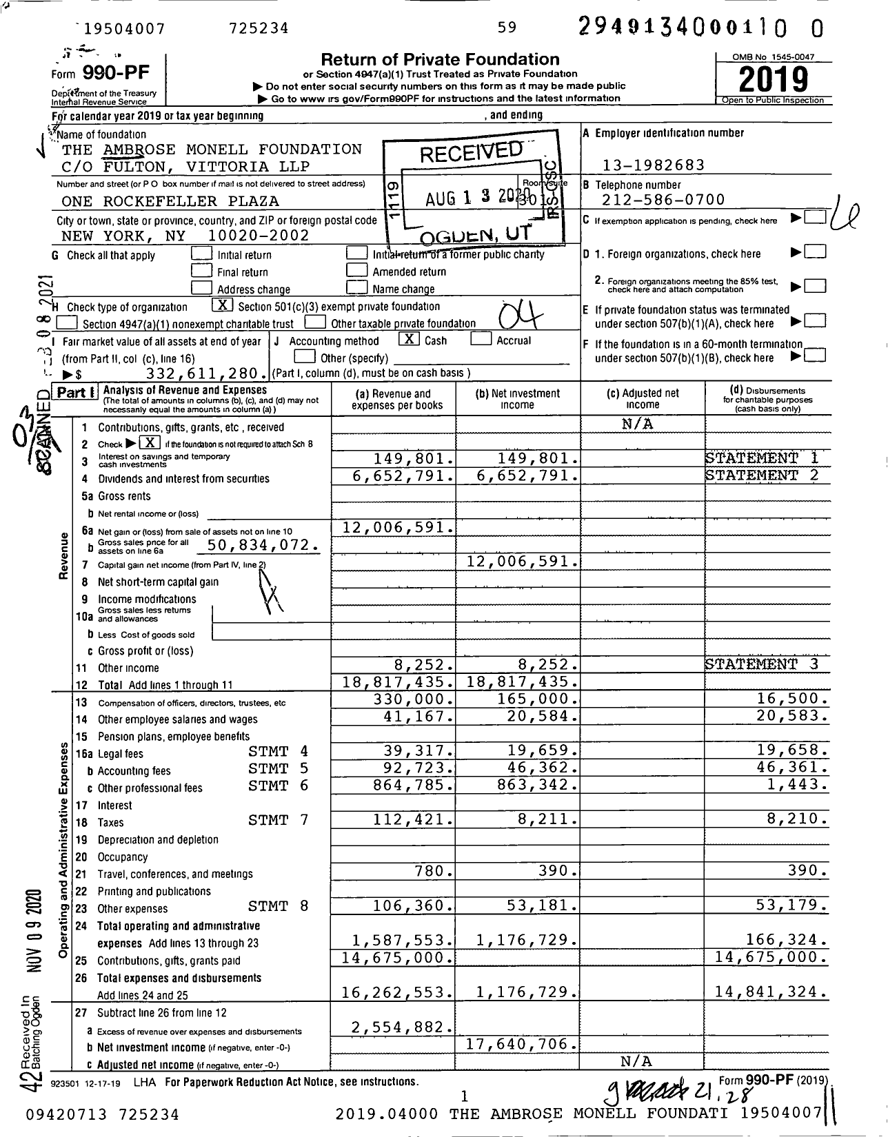 Image of first page of 2019 Form 990PF for Ambrose Monell Foundation