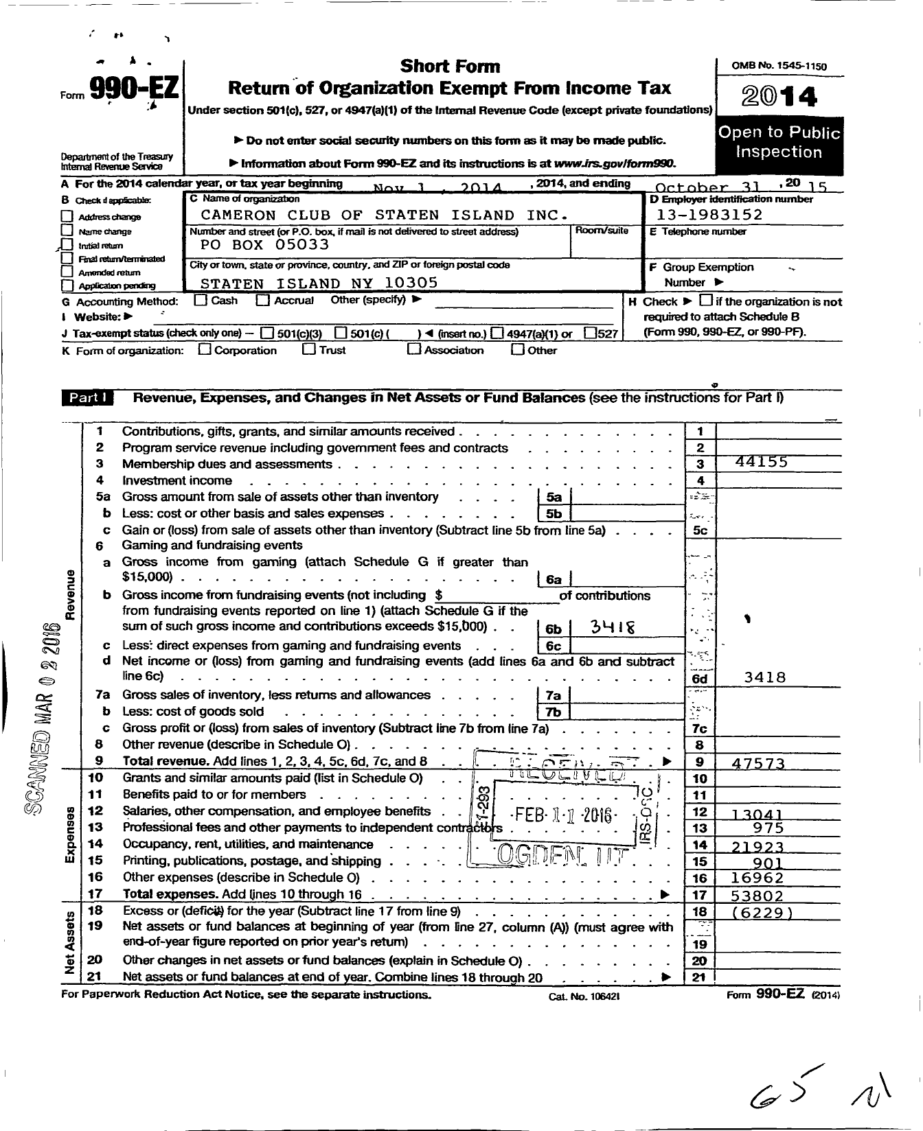 Image of first page of 2014 Form 990EO for Cameron Club of Staten Island