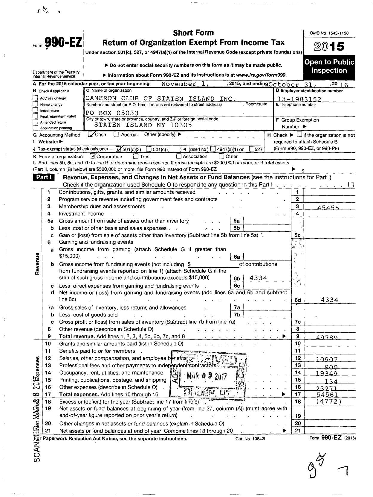 Image of first page of 2015 Form 990EZ for Cameron Club of Staten Island