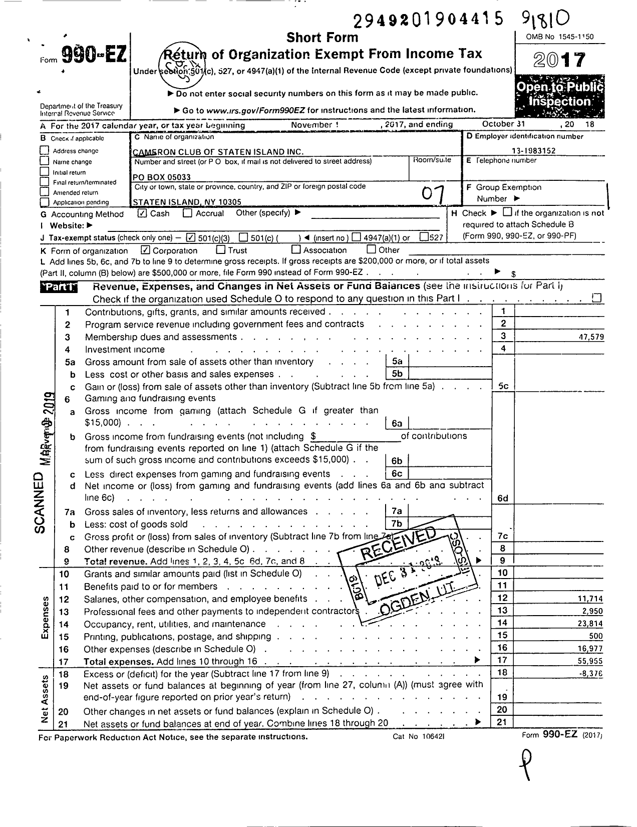 Image of first page of 2017 Form 990EO for Cameron Club of Staten Island