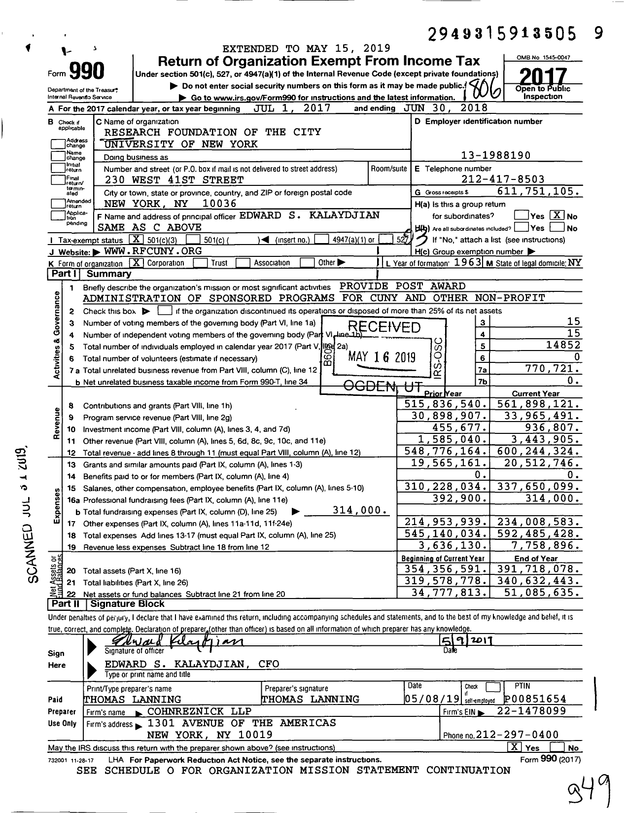 Image of first page of 2017 Form 990 for Research Foundation of The City University of New York (RFCUNY)