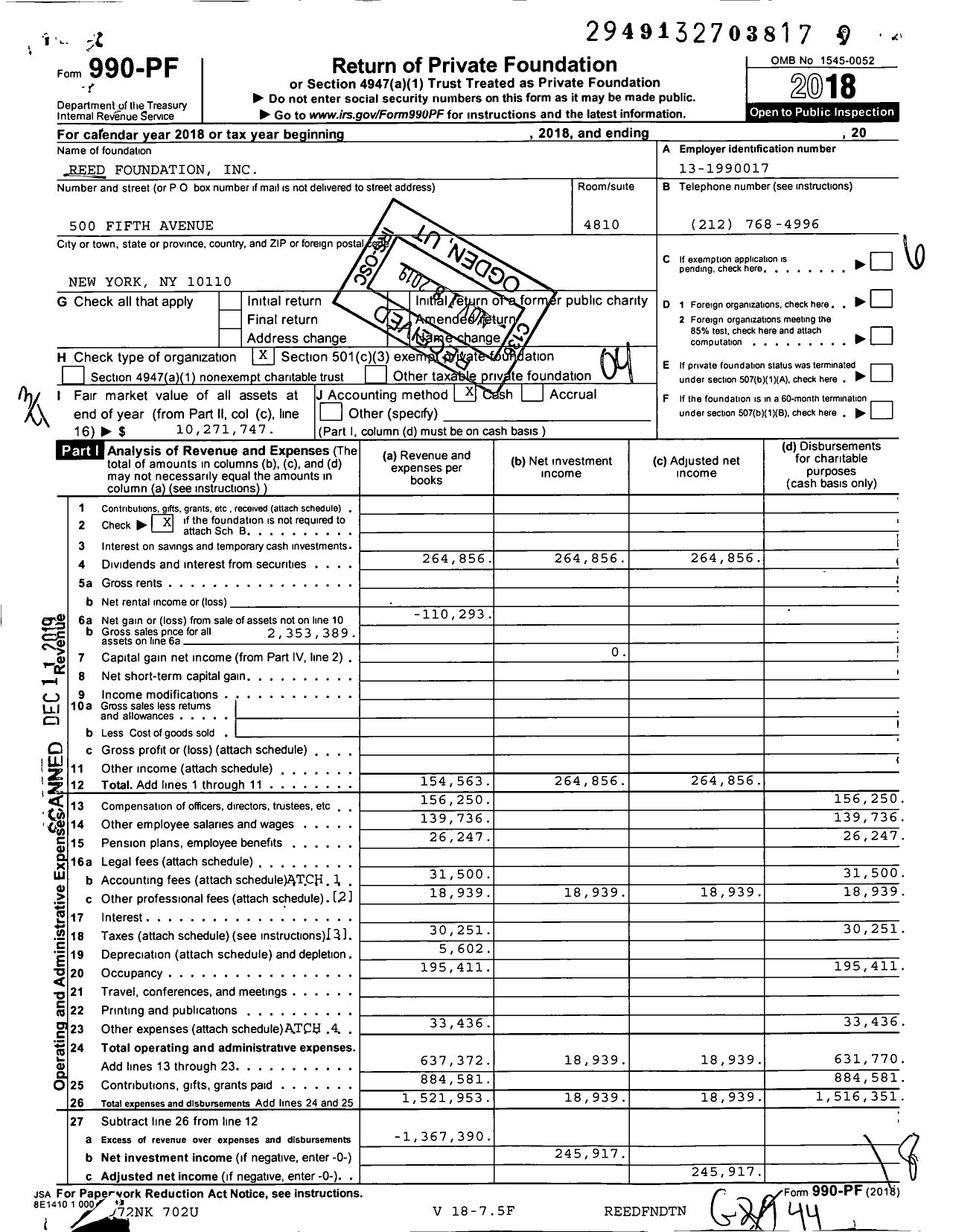 Image of first page of 2018 Form 990PF for Reed Foundation