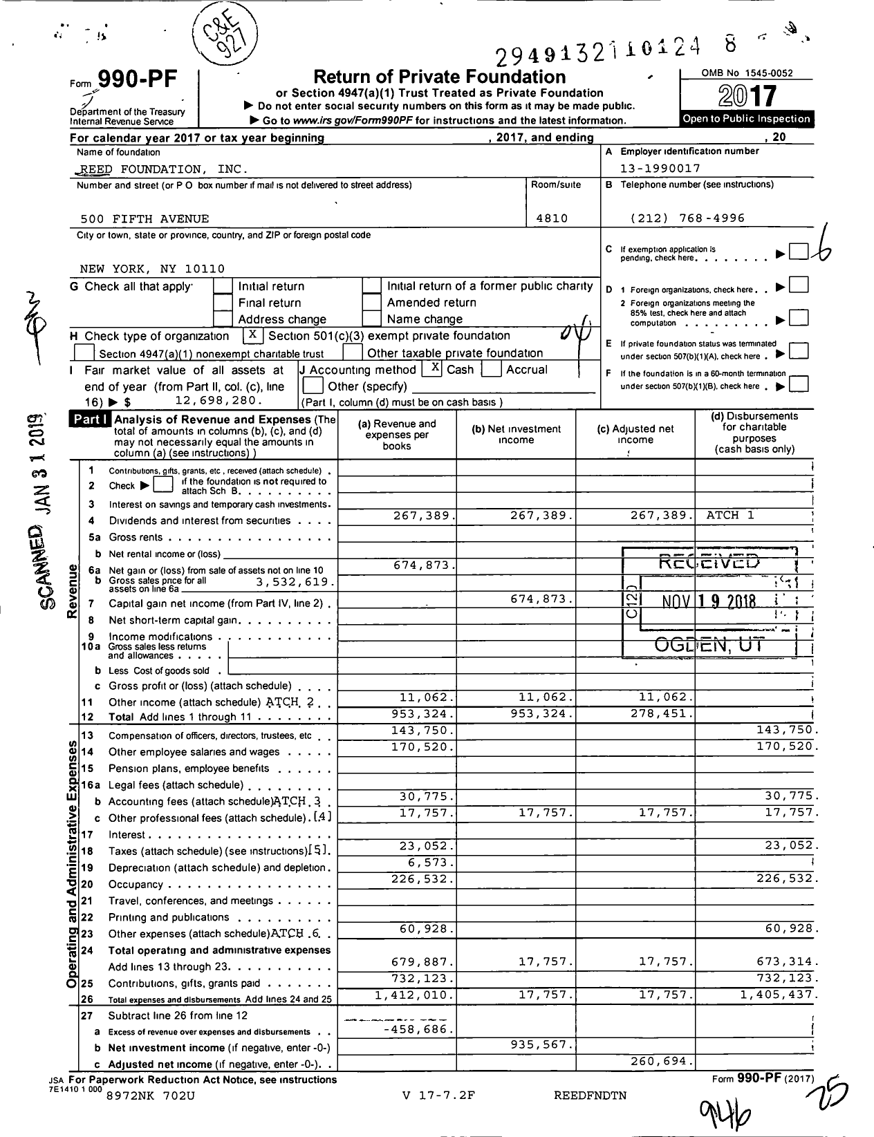 Image of first page of 2017 Form 990PF for Reed Foundation
