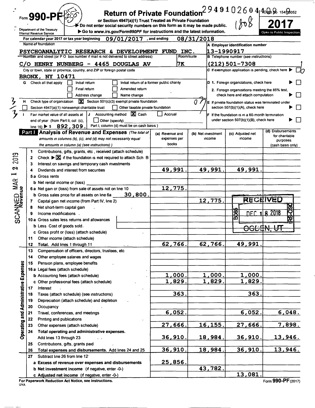 Image of first page of 2017 Form 990PF for Psychoanalytic Research and Development Fund