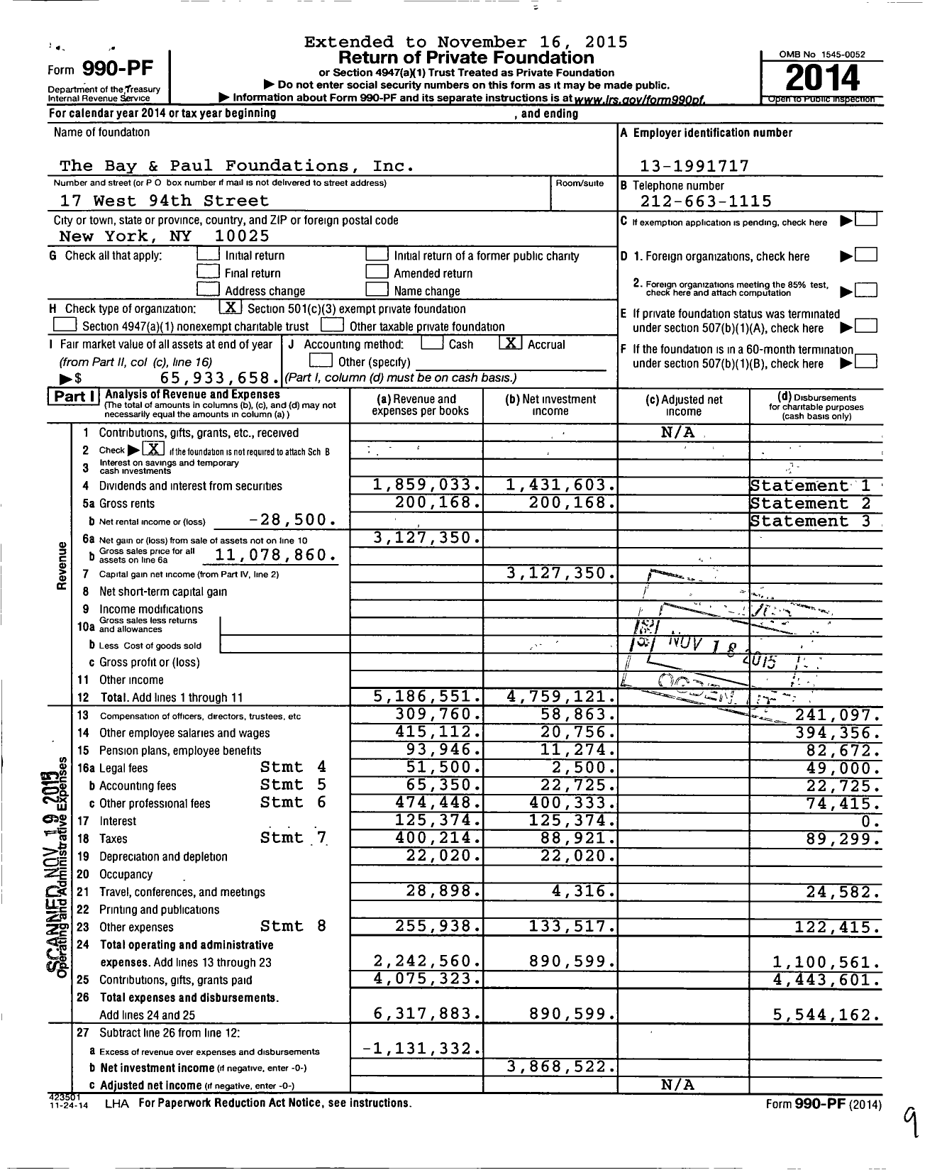 Image of first page of 2014 Form 990PF for Bay and Paul Foundations