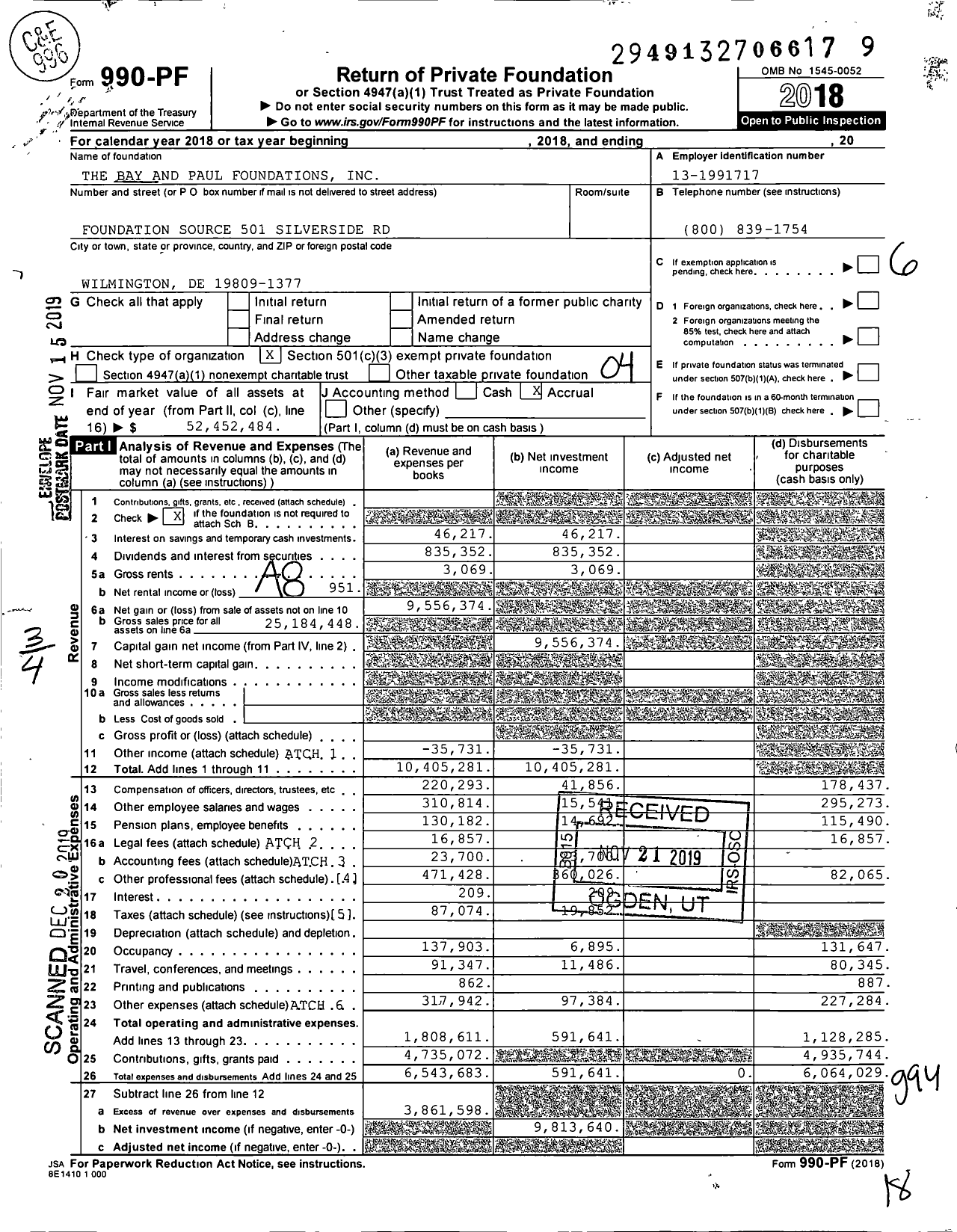 Image of first page of 2018 Form 990PF for Bay and Paul Foundations