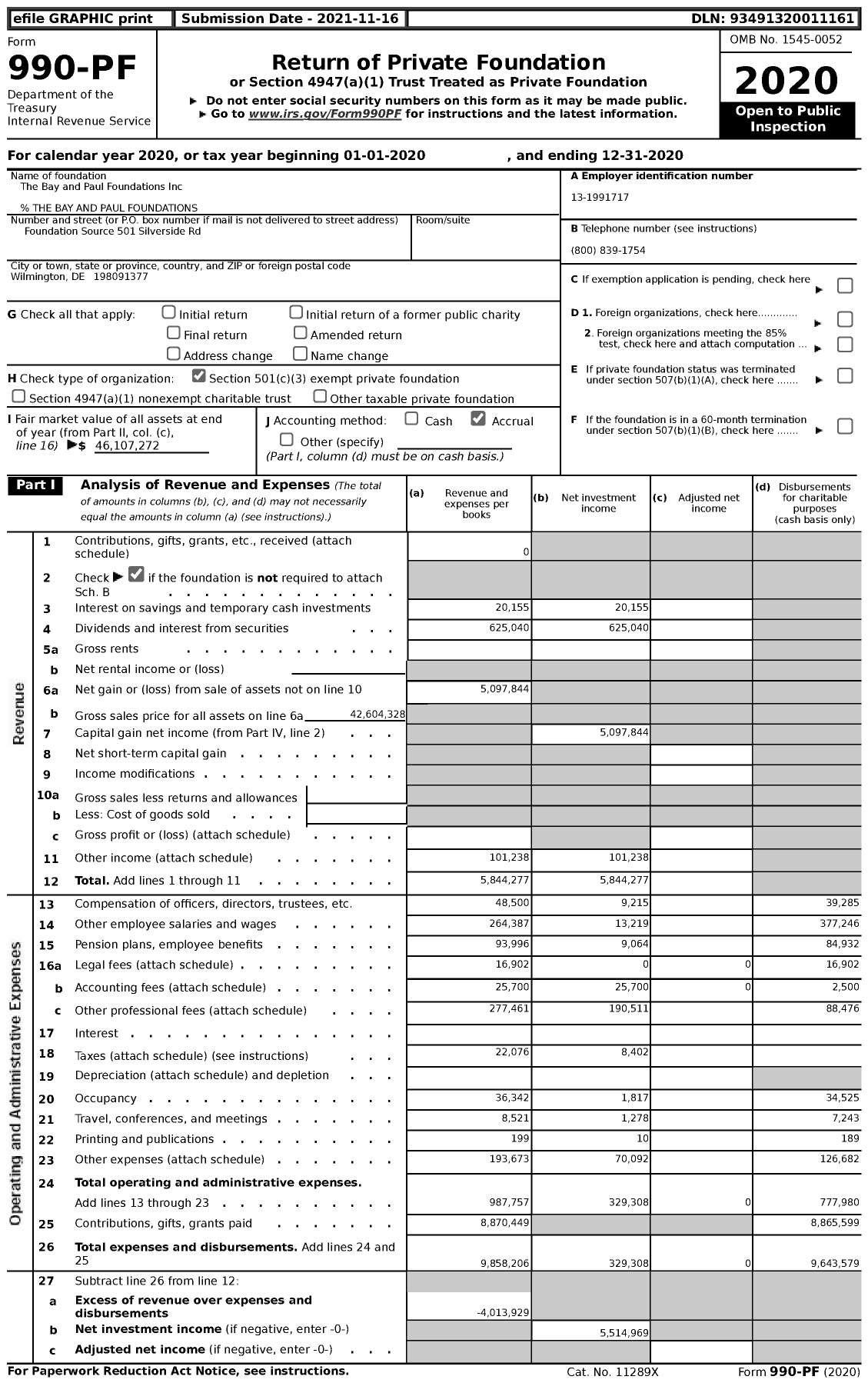 Image of first page of 2020 Form 990PF for Bay and Paul Foundations