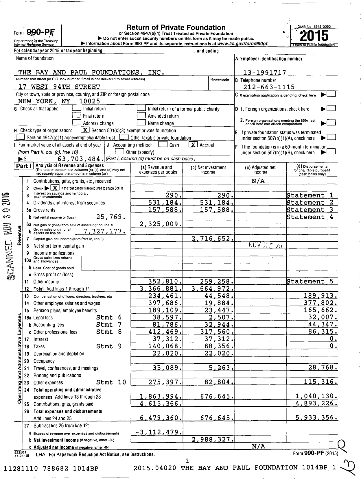 Image of first page of 2015 Form 990PF for Bay and Paul Foundations
