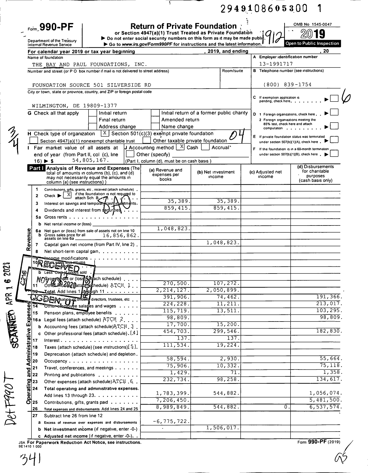 Image of first page of 2019 Form 990PF for Bay and Paul Foundations