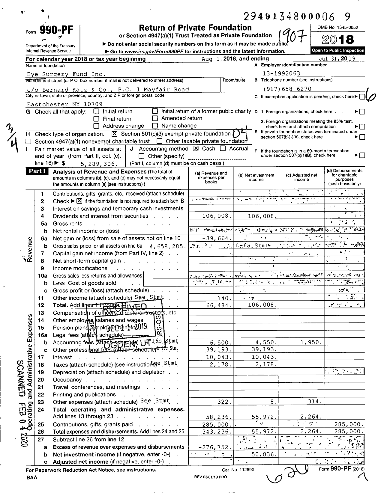 Image of first page of 2018 Form 990PF for Eye Surgery Fund