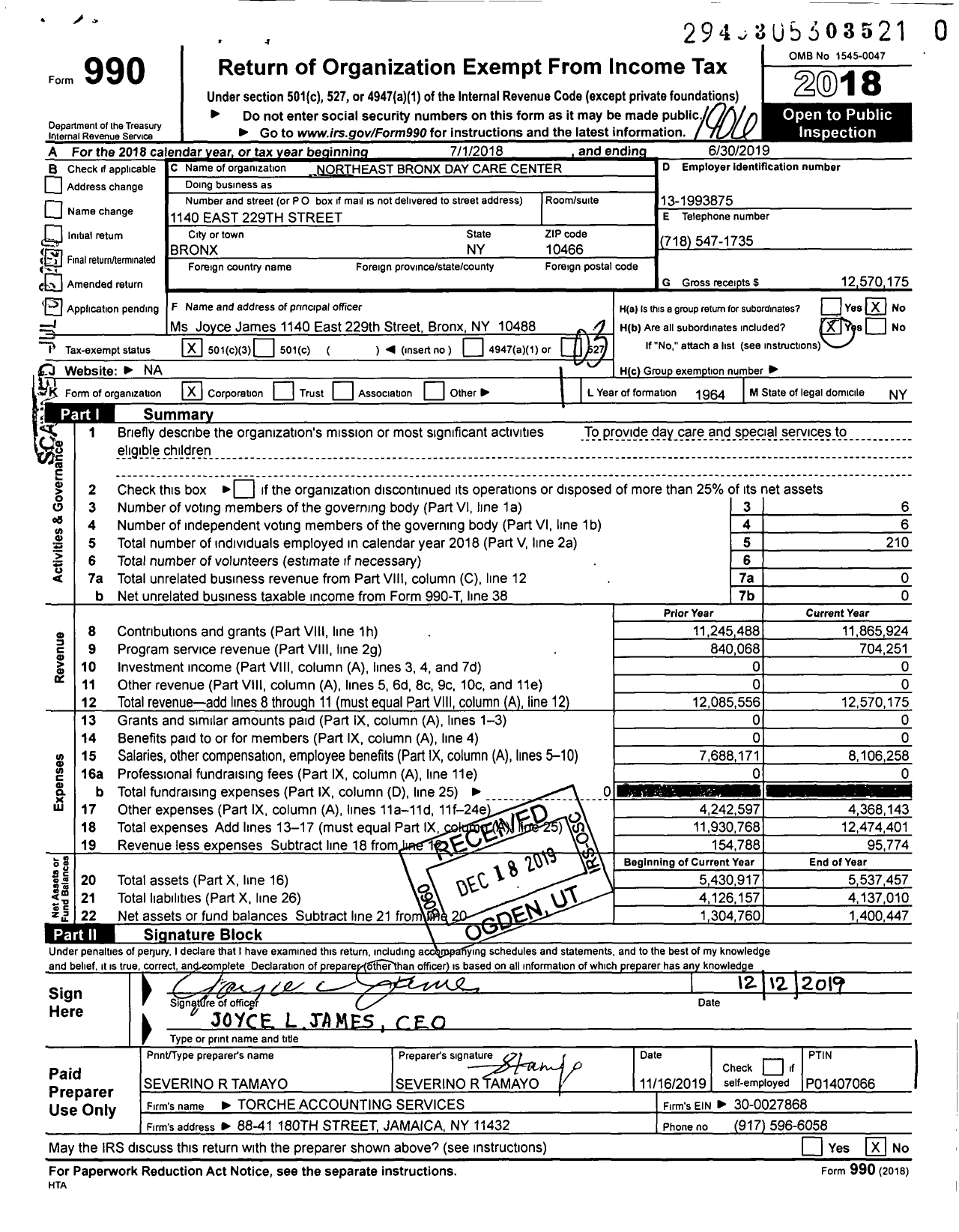 Image of first page of 2018 Form 990 for Northeast Bronx Day Care Center