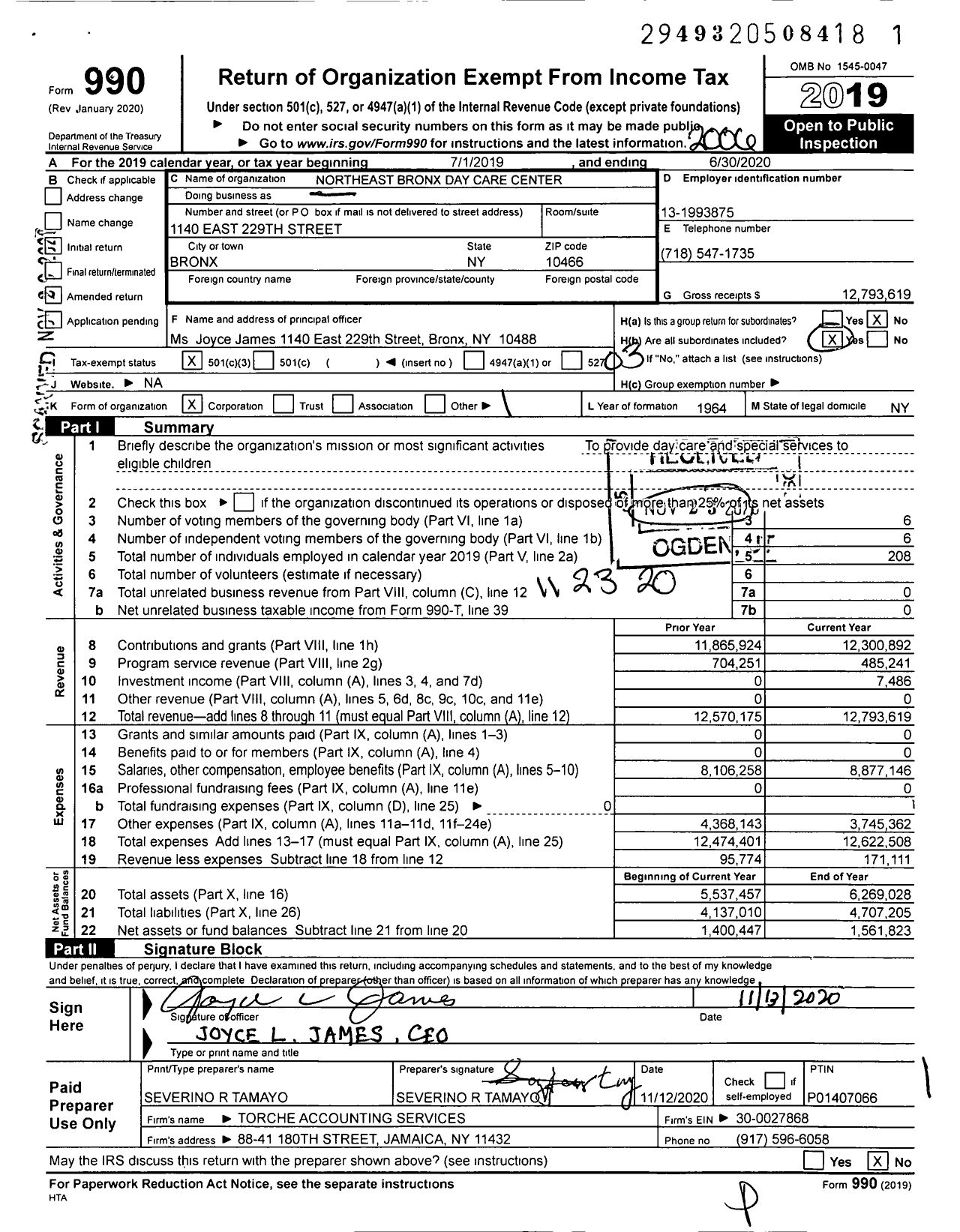 Image of first page of 2019 Form 990 for Northeast Bronx Day Care Center