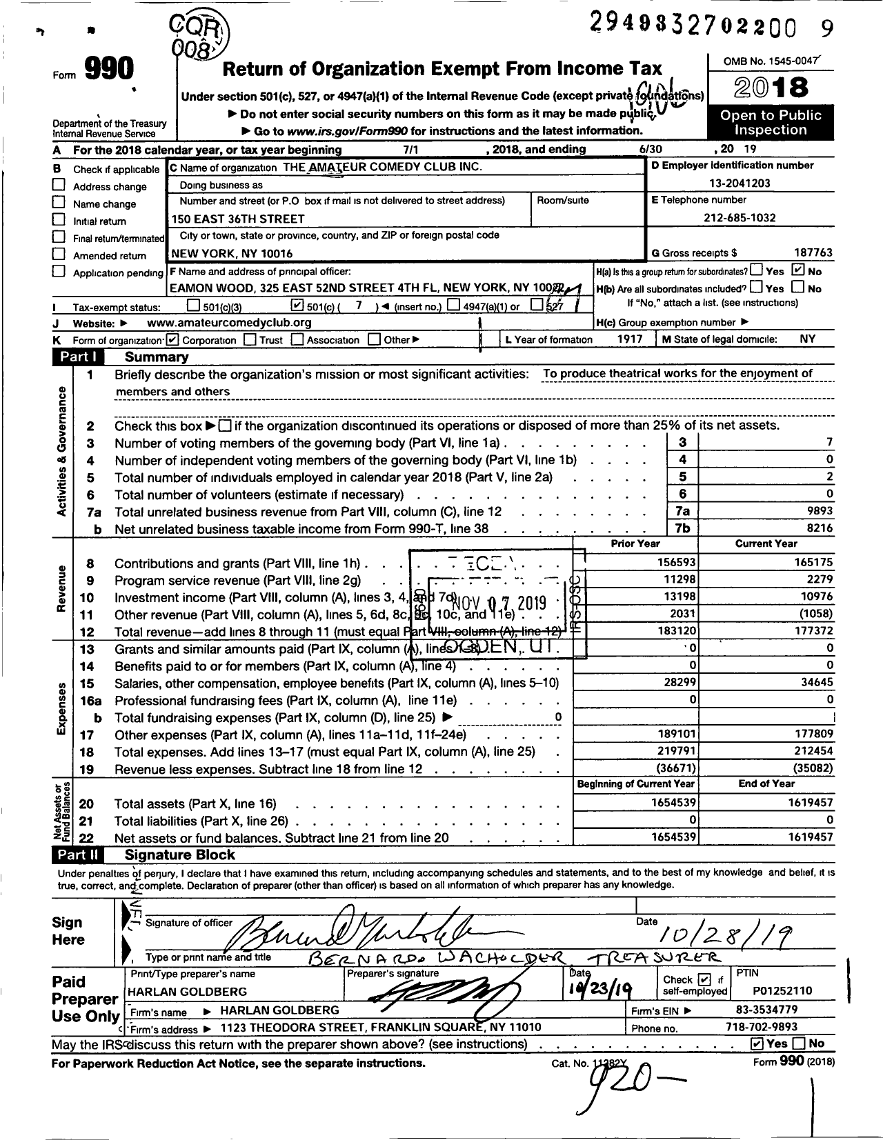 Image of first page of 2018 Form 990O for The Amateur Comedy Club