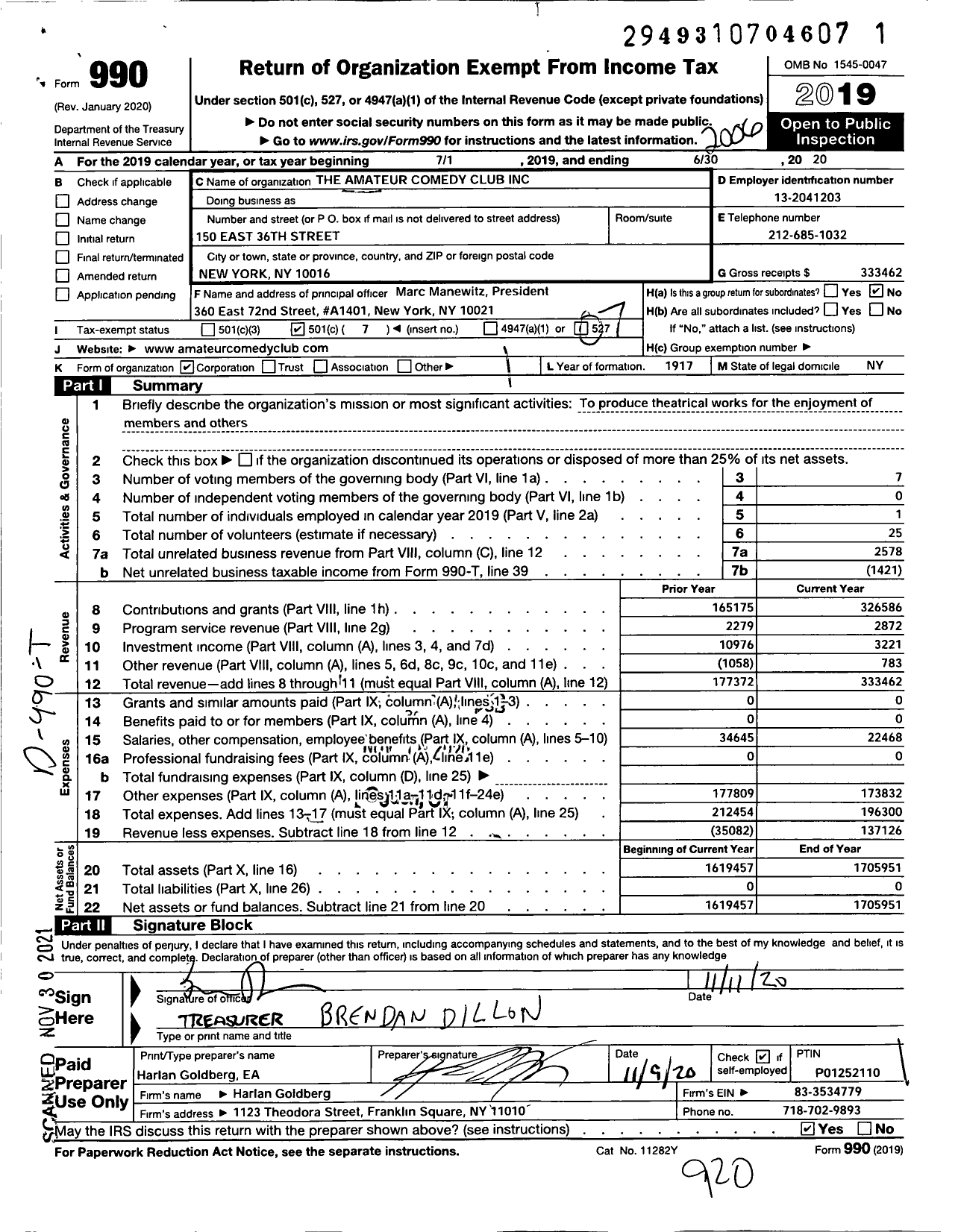 Image of first page of 2019 Form 990O for The Amateur Comedy Club