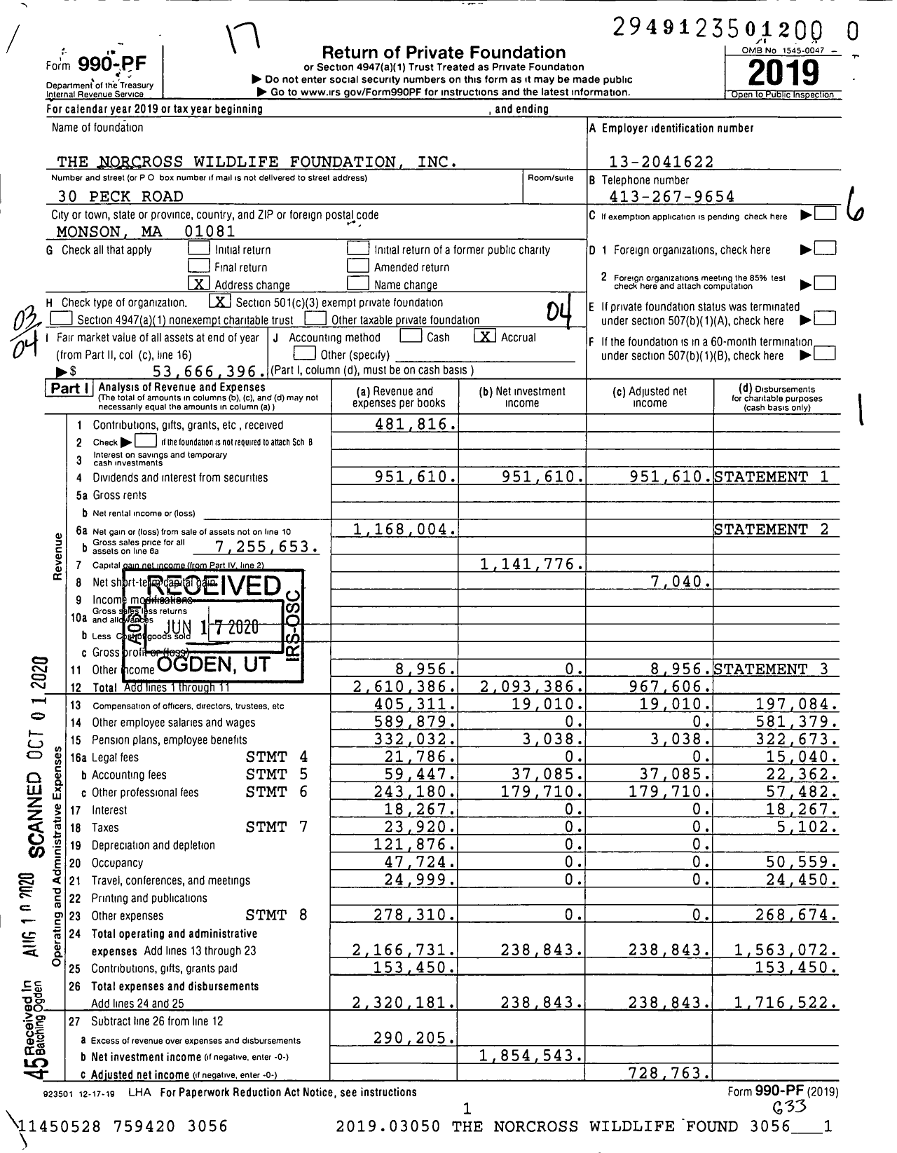 Image of first page of 2019 Form 990PR for The Norcross Wildlife Foundation