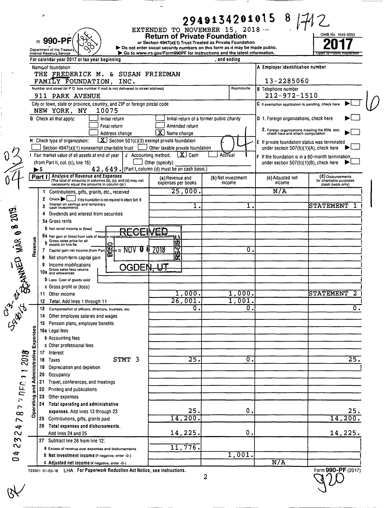 Image of first page of 2017 Form 990PF for The Frederick M and Susan Friedman Family Foundation