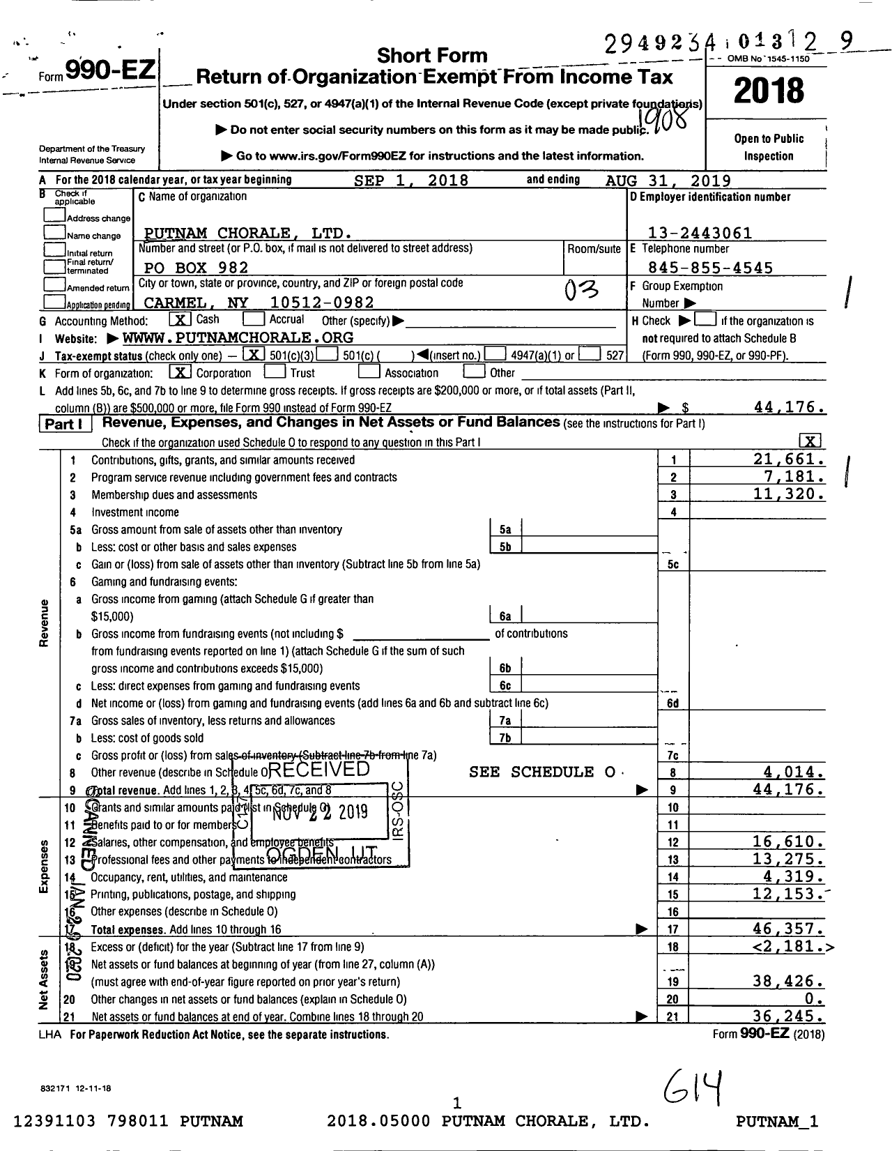 Image of first page of 2018 Form 990EZ for Putnam Chorale