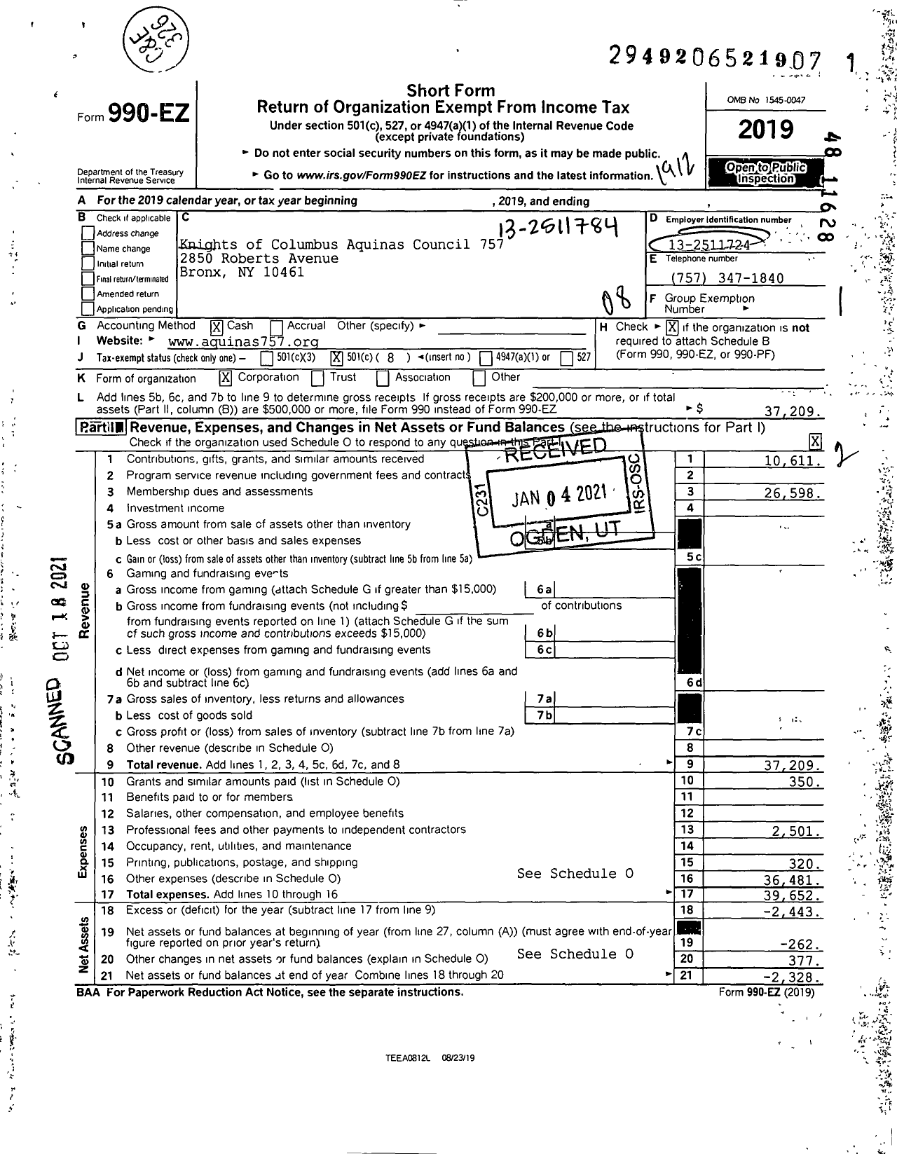 Image of first page of 2019 Form 990EO for Knights of Columbus - 757 Aquinas Council