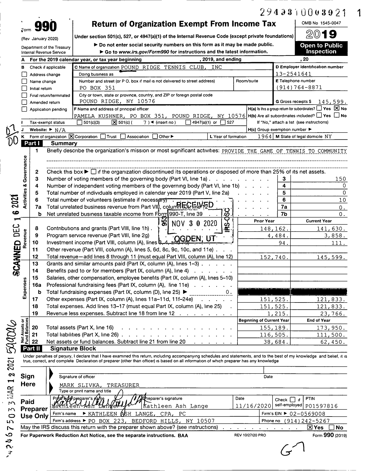 Image of first page of 2019 Form 990O for The Pound Ridge Tennis Club