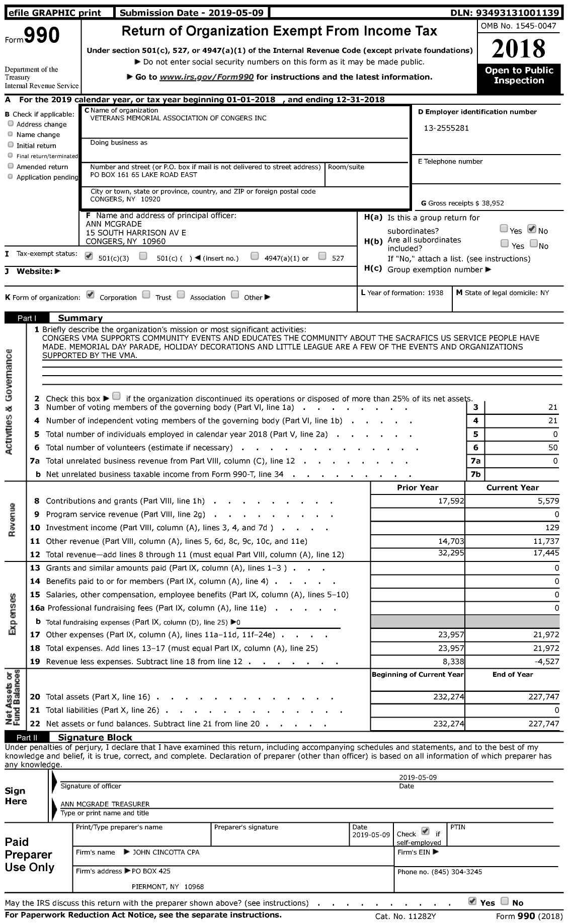 Image of first page of 2018 Form 990 for Veterans Memorial Association of Congers