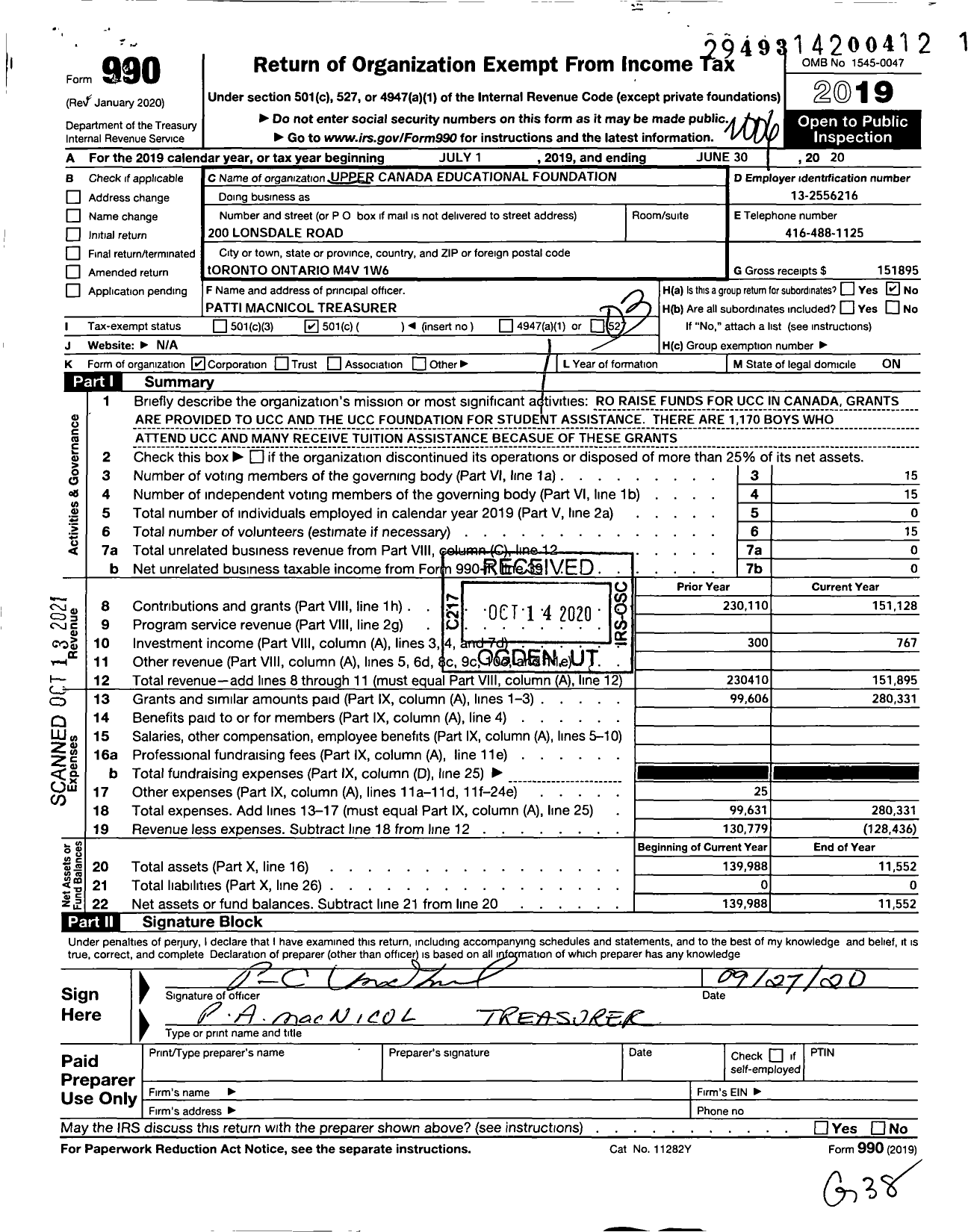 Image of first page of 2019 Form 990 for Upper Canada Educational Foundation