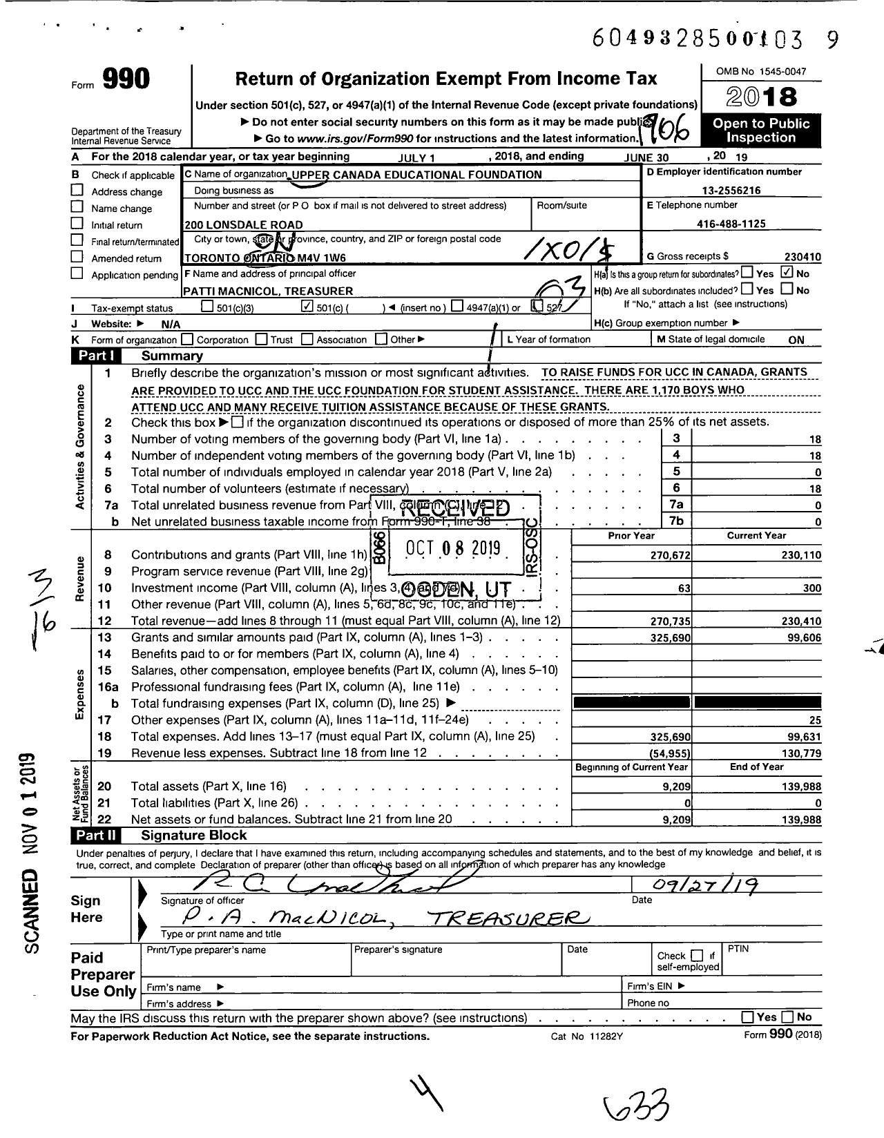 Image of first page of 2018 Form 990 for Upper Canada Educational Foundation