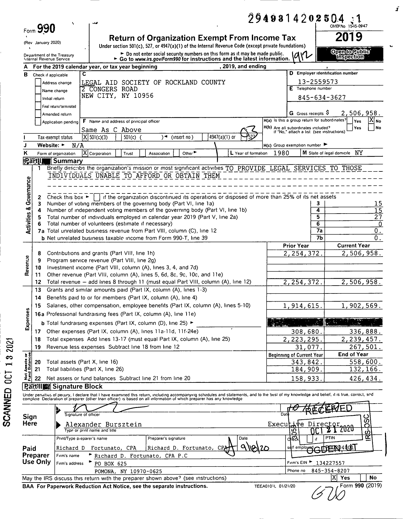 Image of first page of 2019 Form 990 for Legal Aid Society of Rockland County (LASRC)