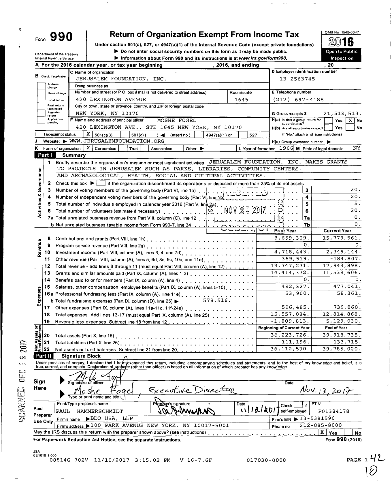 Image of first page of 2016 Form 990 for The Jerusalem Foundation Incorporated