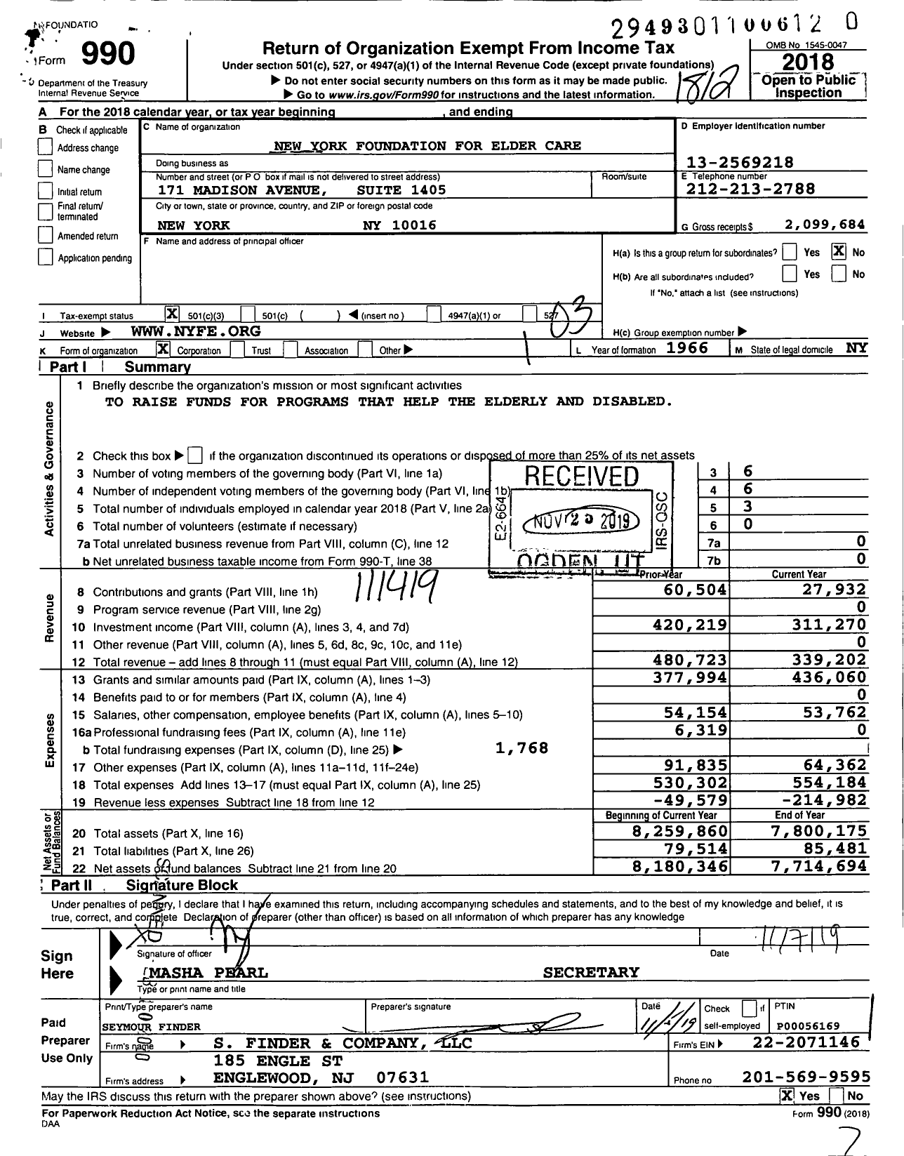 Image of first page of 2018 Form 990 for New York Foundation for Elder Care