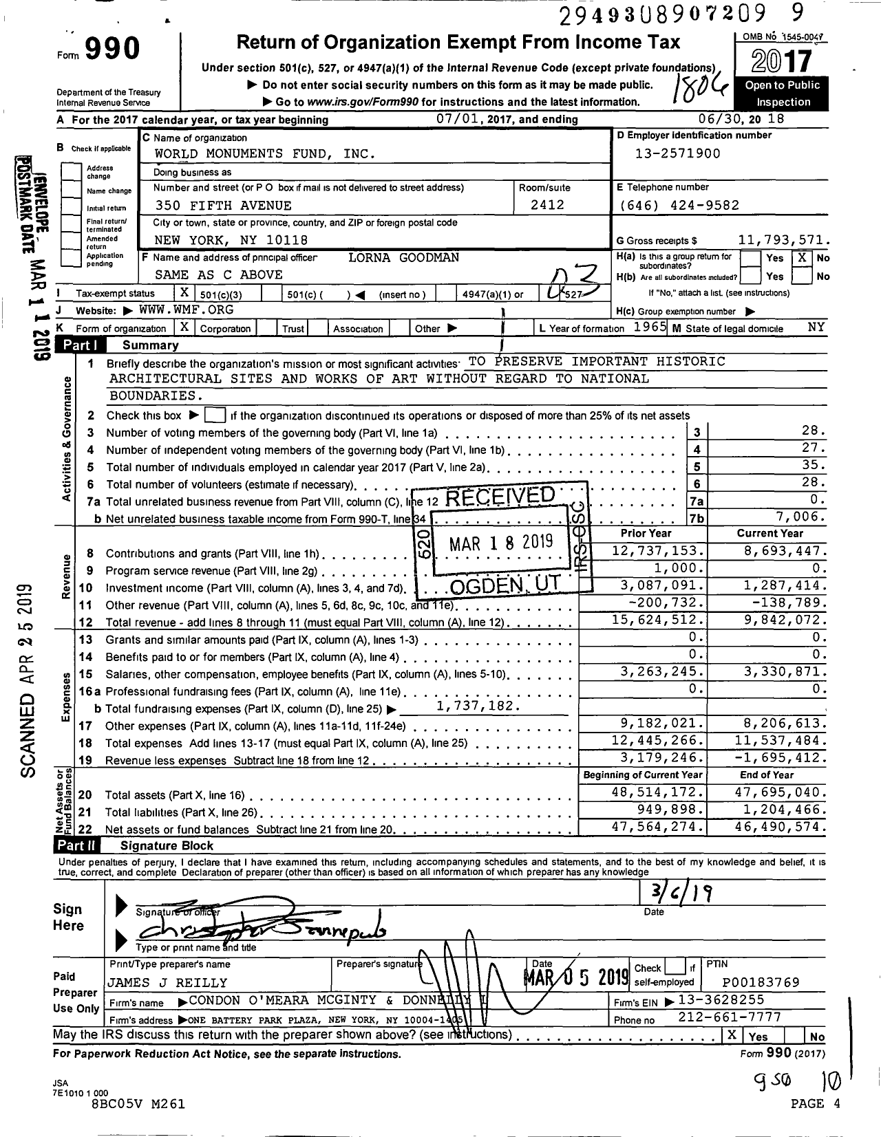 Image of first page of 2017 Form 990 for World Monuments Fund (WMF)