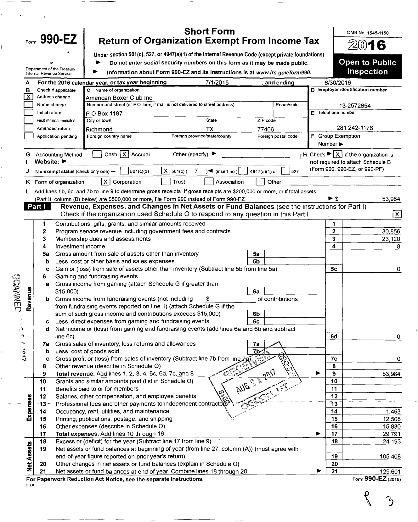 Image of first page of 2015 Form 990EO for American Boxer Club