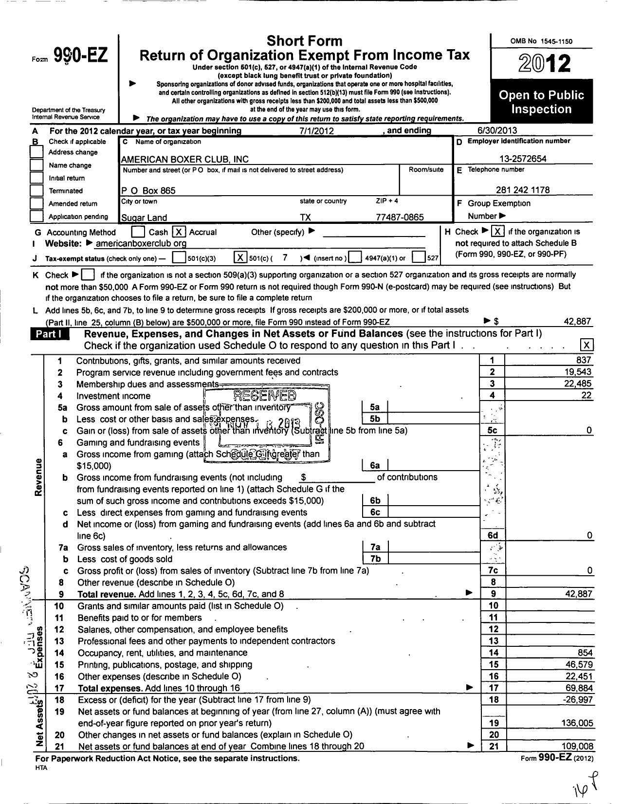 Image of first page of 2012 Form 990EO for American Boxer Club