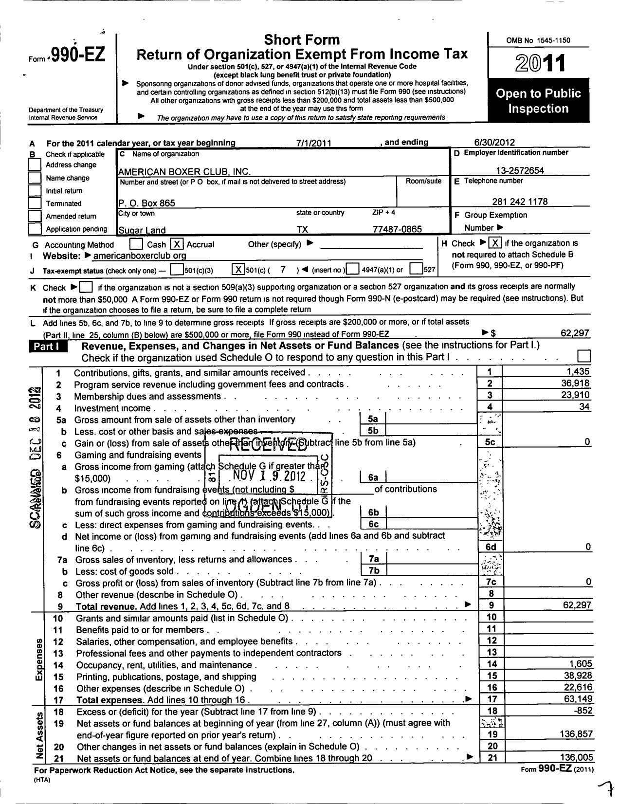 Image of first page of 2011 Form 990EO for American Boxer Club