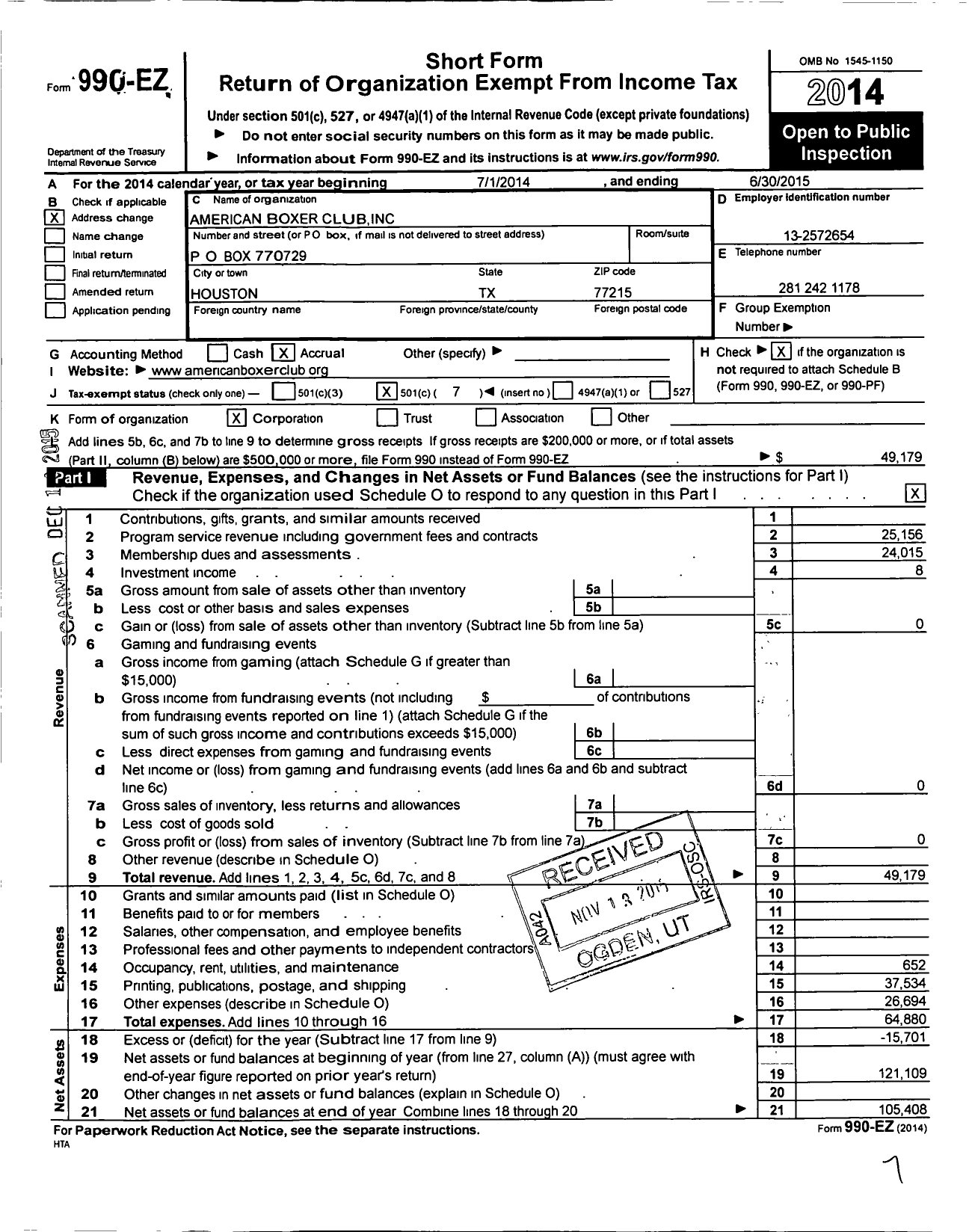 Image of first page of 2014 Form 990EO for American Boxer Club