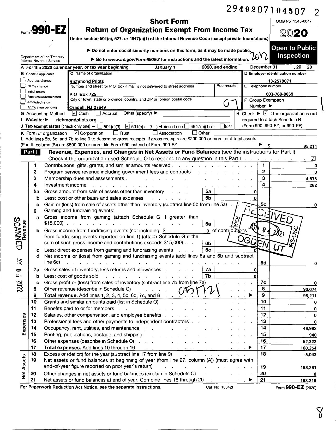 Image of first page of 2020 Form 990EO for Richmond Pilots Associates