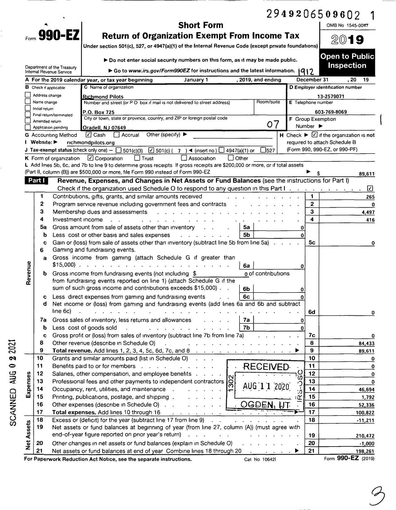 Image of first page of 2019 Form 990EO for Richmond Pilots Associates