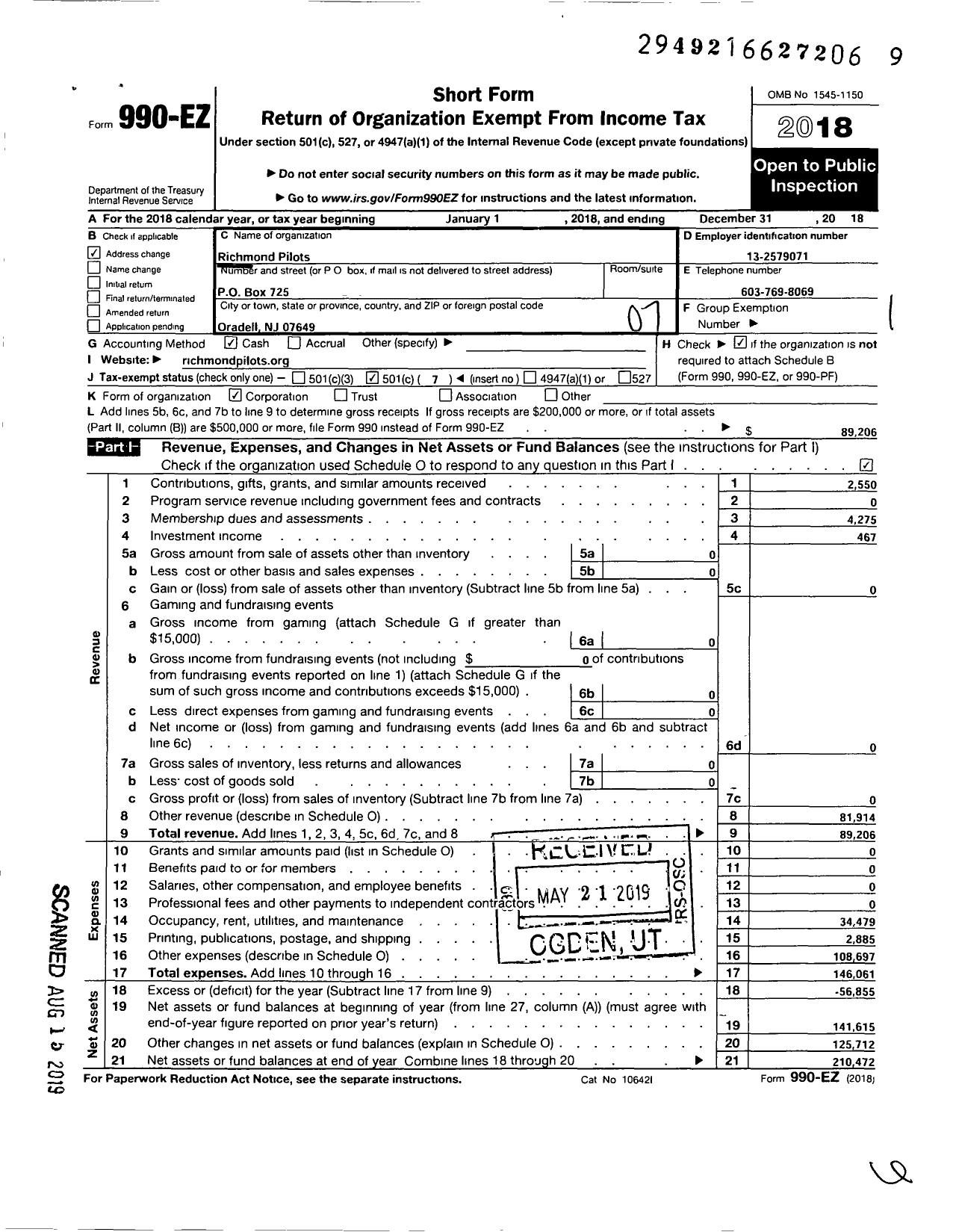 Image of first page of 2018 Form 990EO for Richmond Pilots Associates