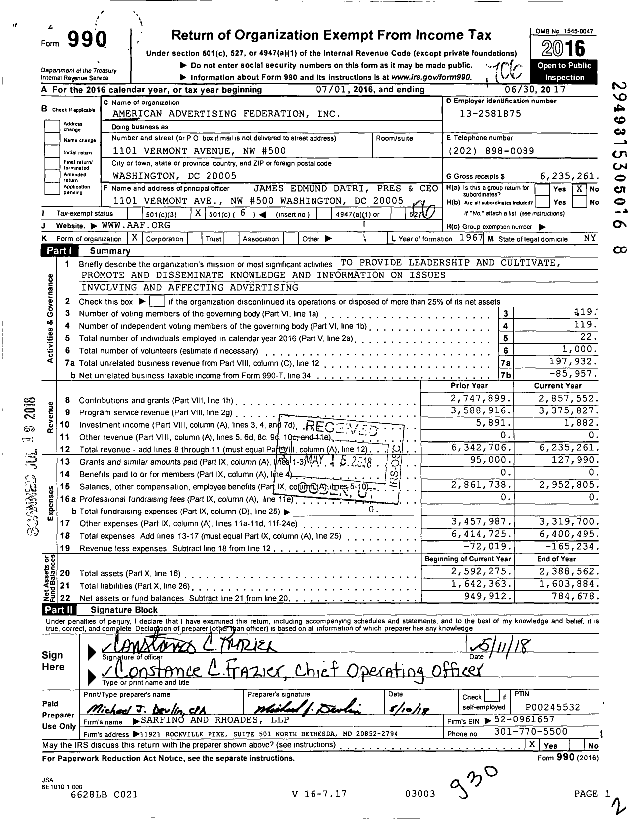 Image of first page of 2016 Form 990O for American Advertising Federation (AAF)