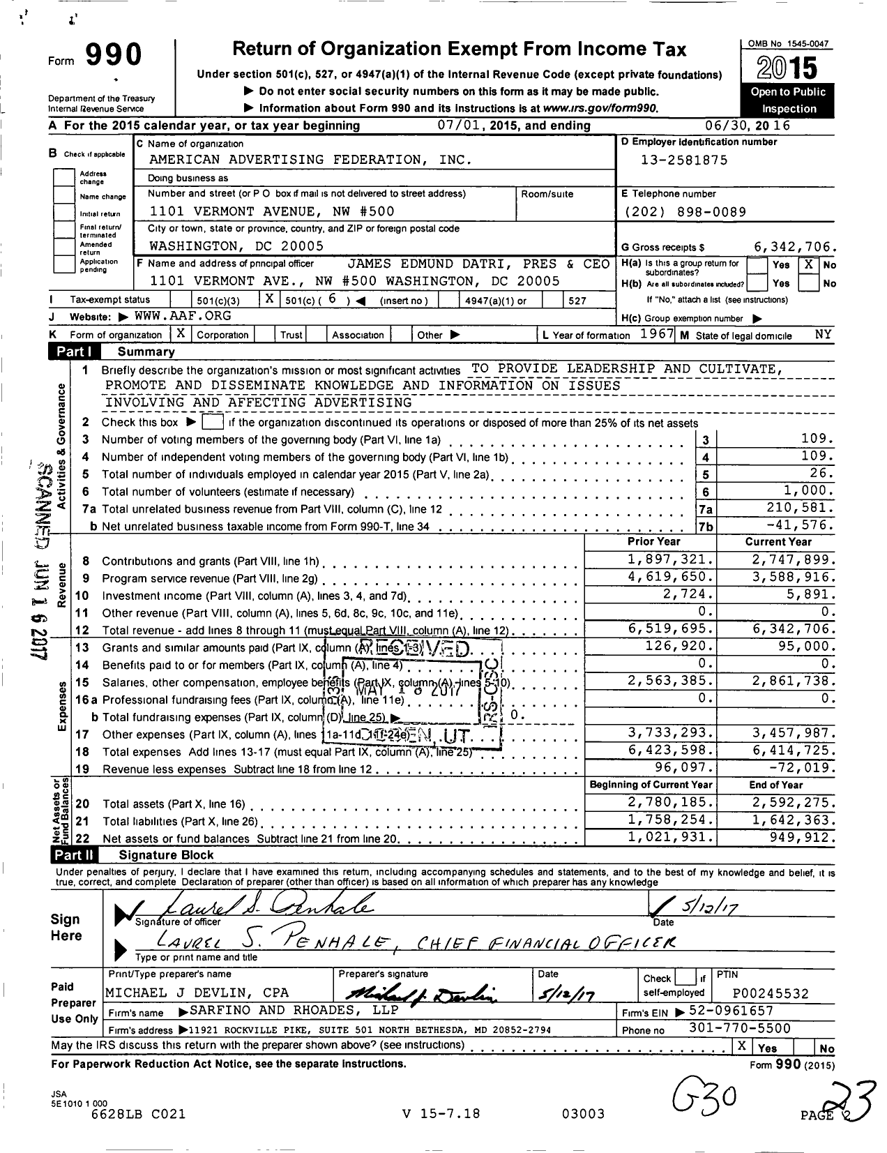 Image of first page of 2015 Form 990O for American Advertising Federation (AAF)