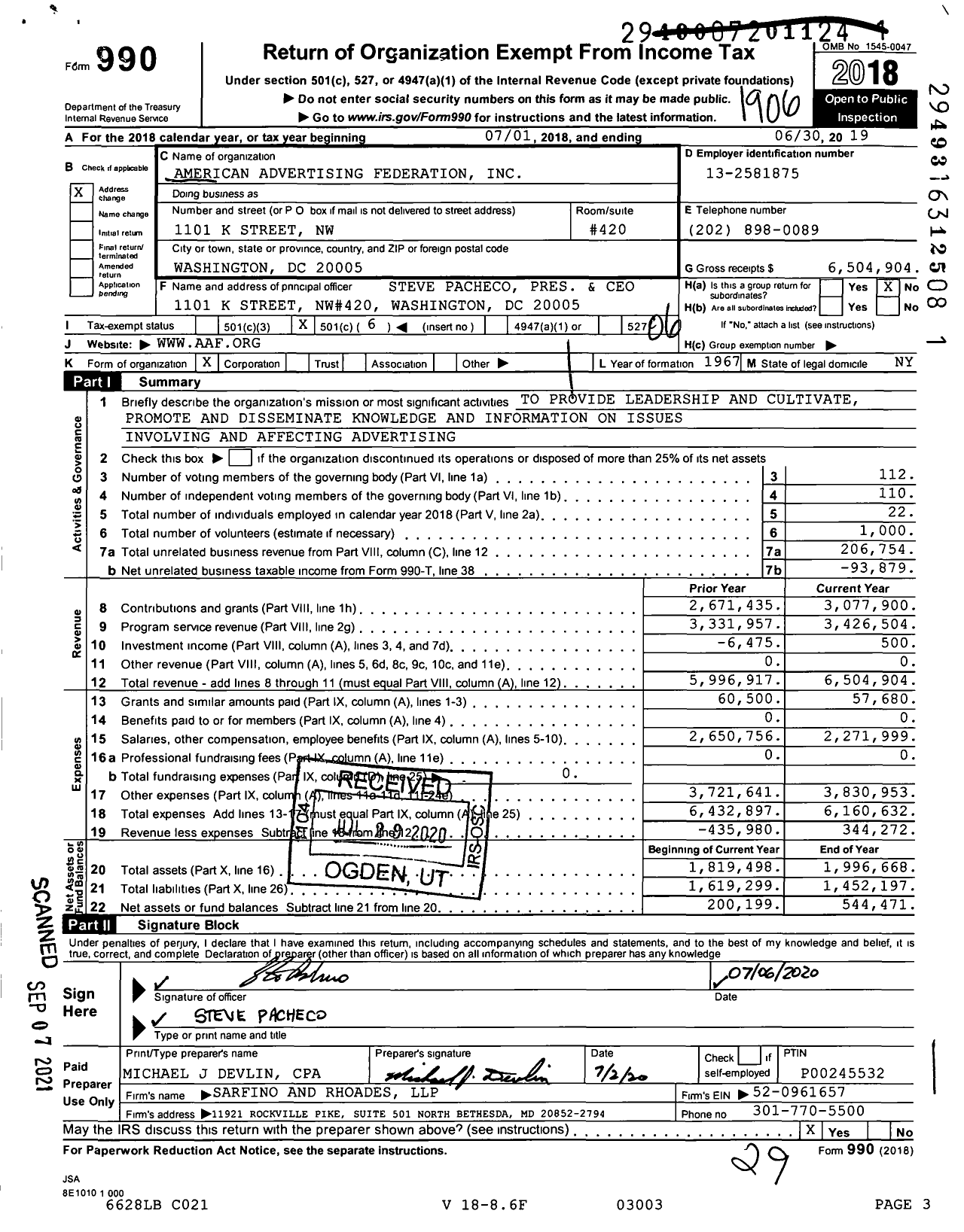 Image of first page of 2018 Form 990O for American Advertising Federation (AAF)