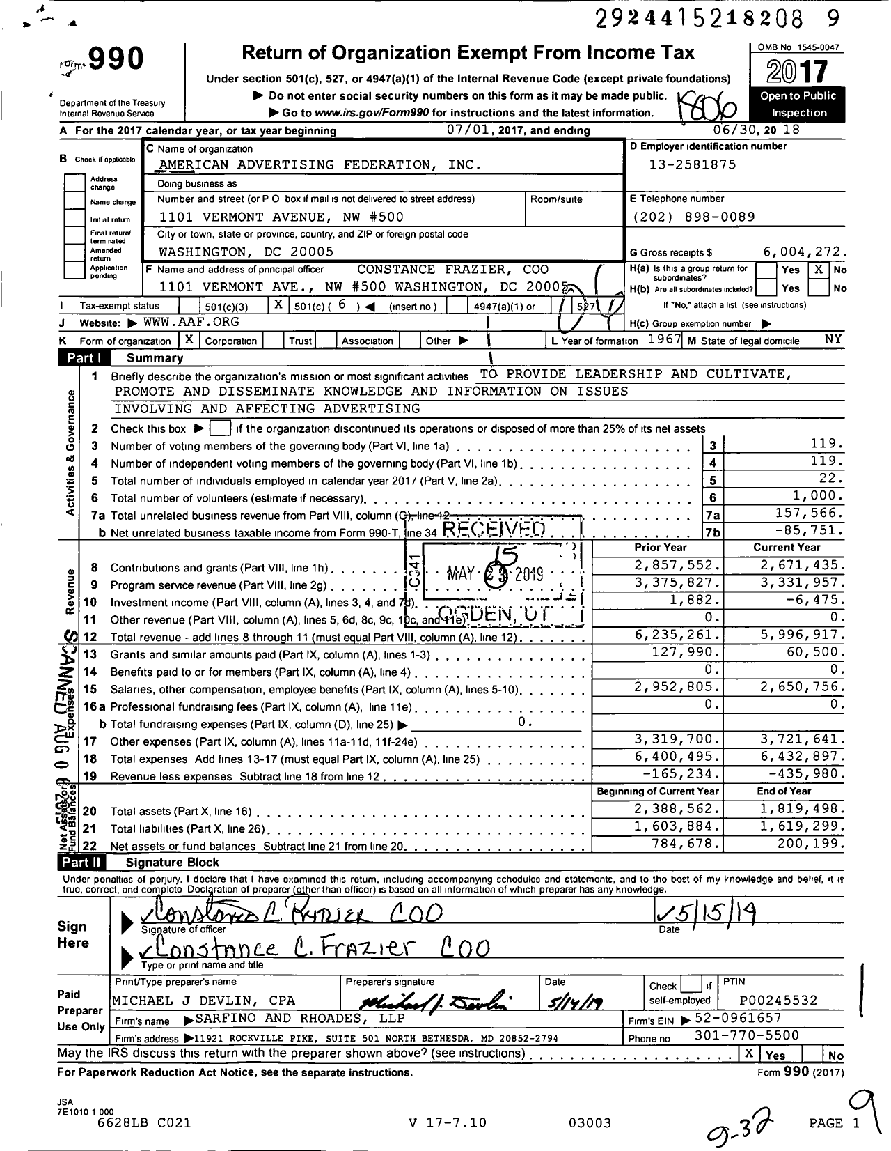 Image of first page of 2017 Form 990O for American Advertising Federation (AAF)