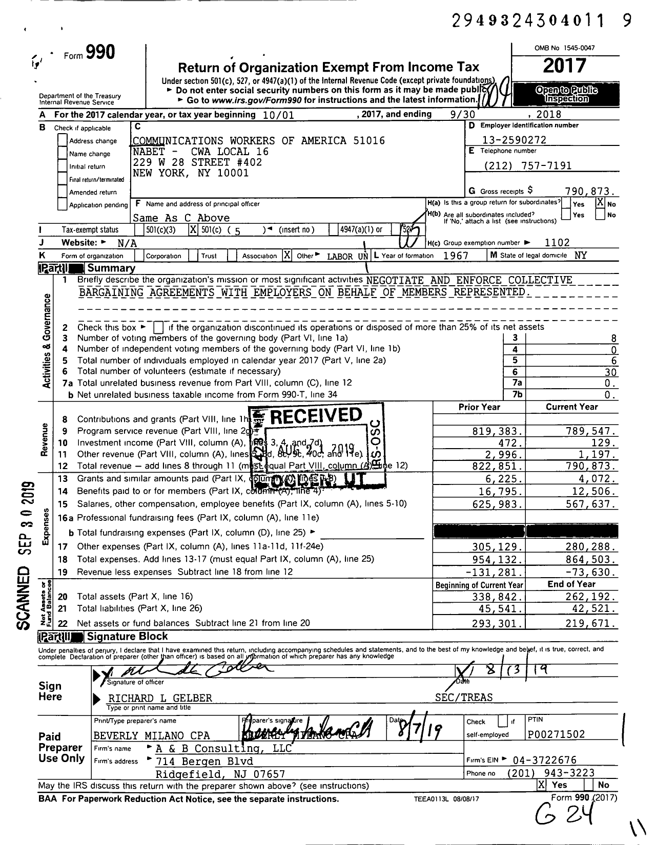 Image of first page of 2017 Form 990O for Communications Workers of America - Nabet-Cwa Local 16