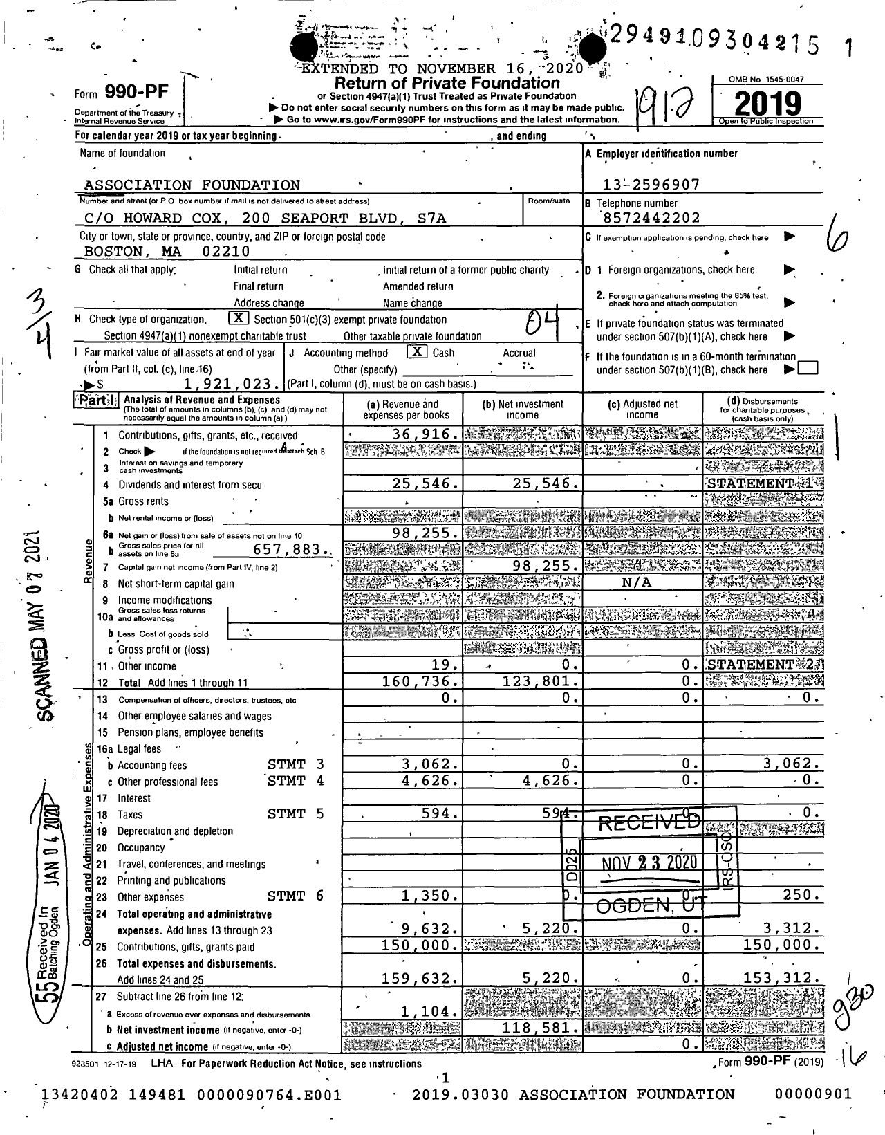 Image of first page of 2019 Form 990PF for Association Foundation