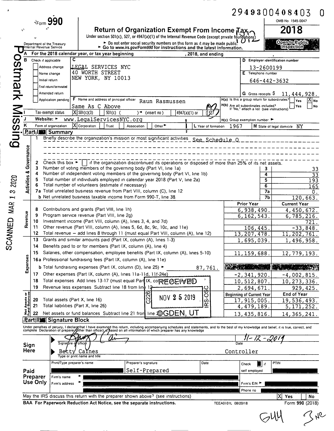 Image of first page of 2018 Form 990 for Legal Services for New York City (LSNYC)