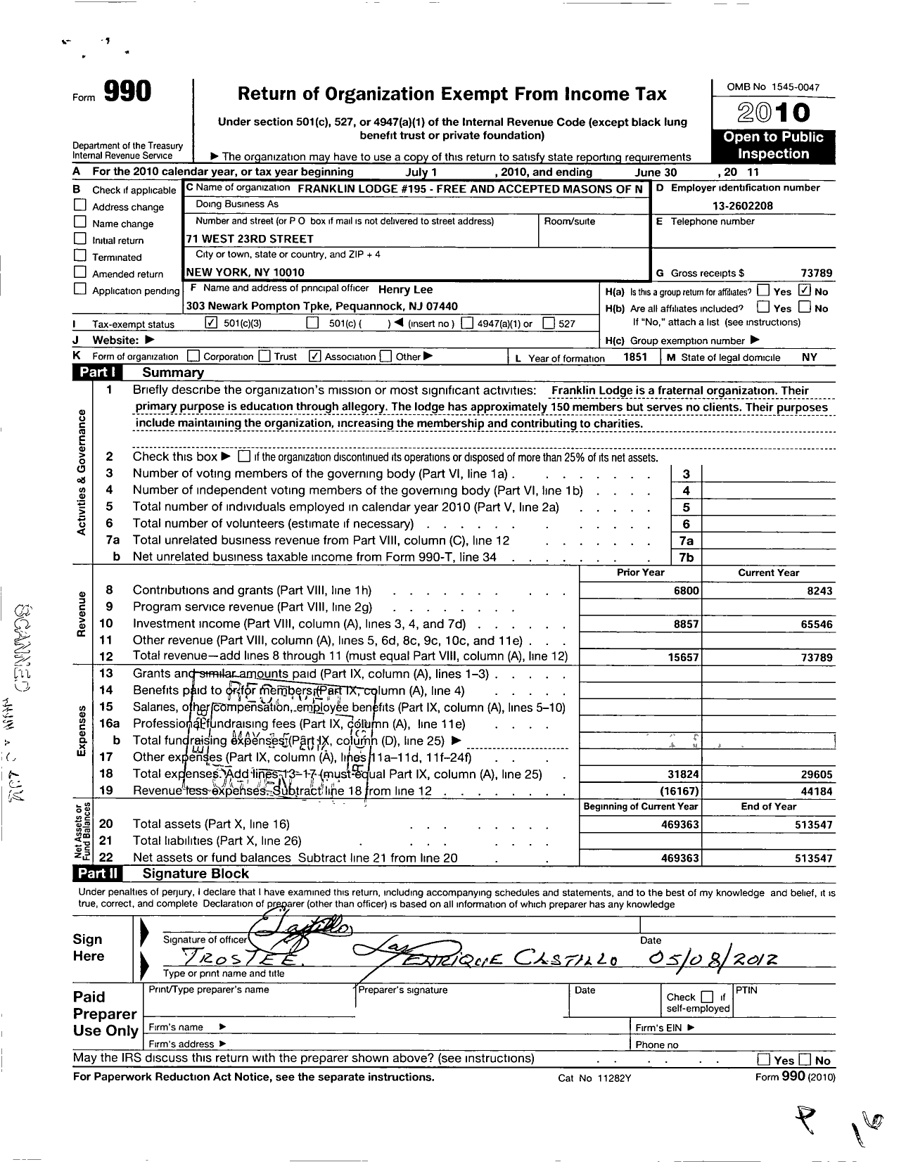 Image of first page of 2010 Form 990 for Free and Accepted Masons of New York - 195 Franklin Lodge